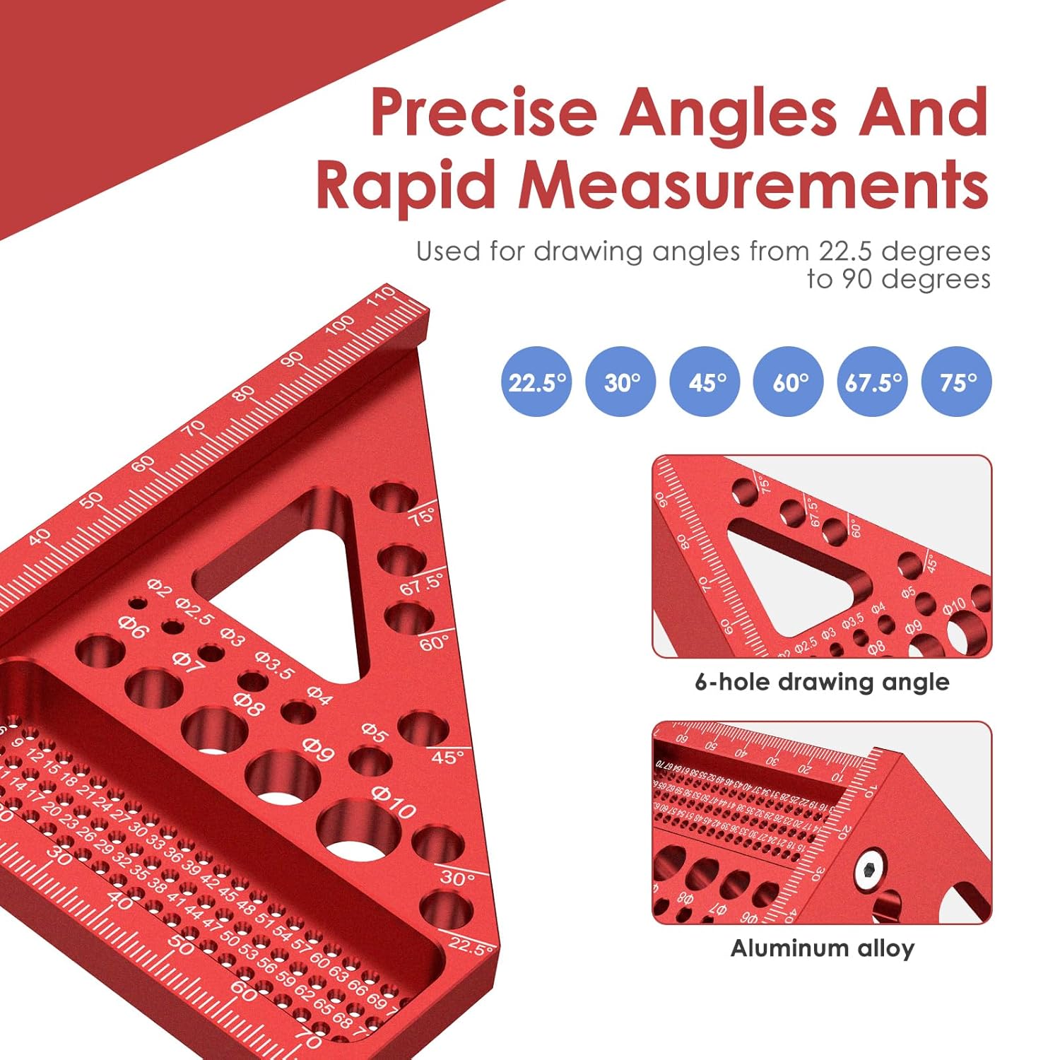 3D Multi-Angle Versatile Carpenter Square Scribing Ruler, 22.5-90 Degree and Miter Triangle Ruler with Drill Guide Holes, Aluminum Alloy Angle Measuring Tool with Two Woodworking Pencils