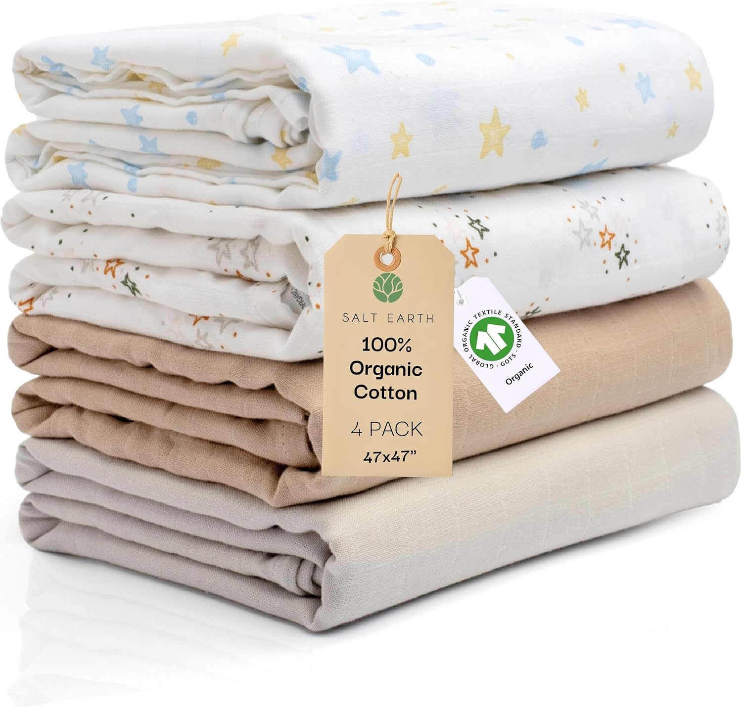 47"x 47" GOTS 100% Organic Cotton Swaddle Blanket 4 Pack (Solids/Stars)