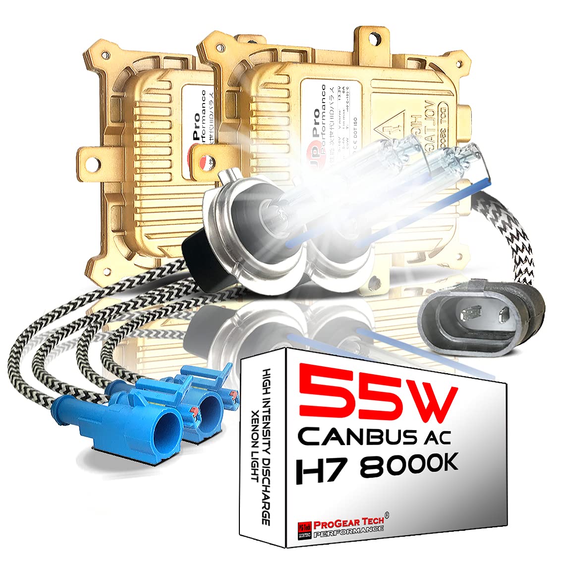 55W H7 8000K Heavy Duty Fast Bright AC HID Xenon Bulbs bundle with AC Digital CANBUS Slim Ballasts No OBC Error for 12V Vehicles (Iceberg)