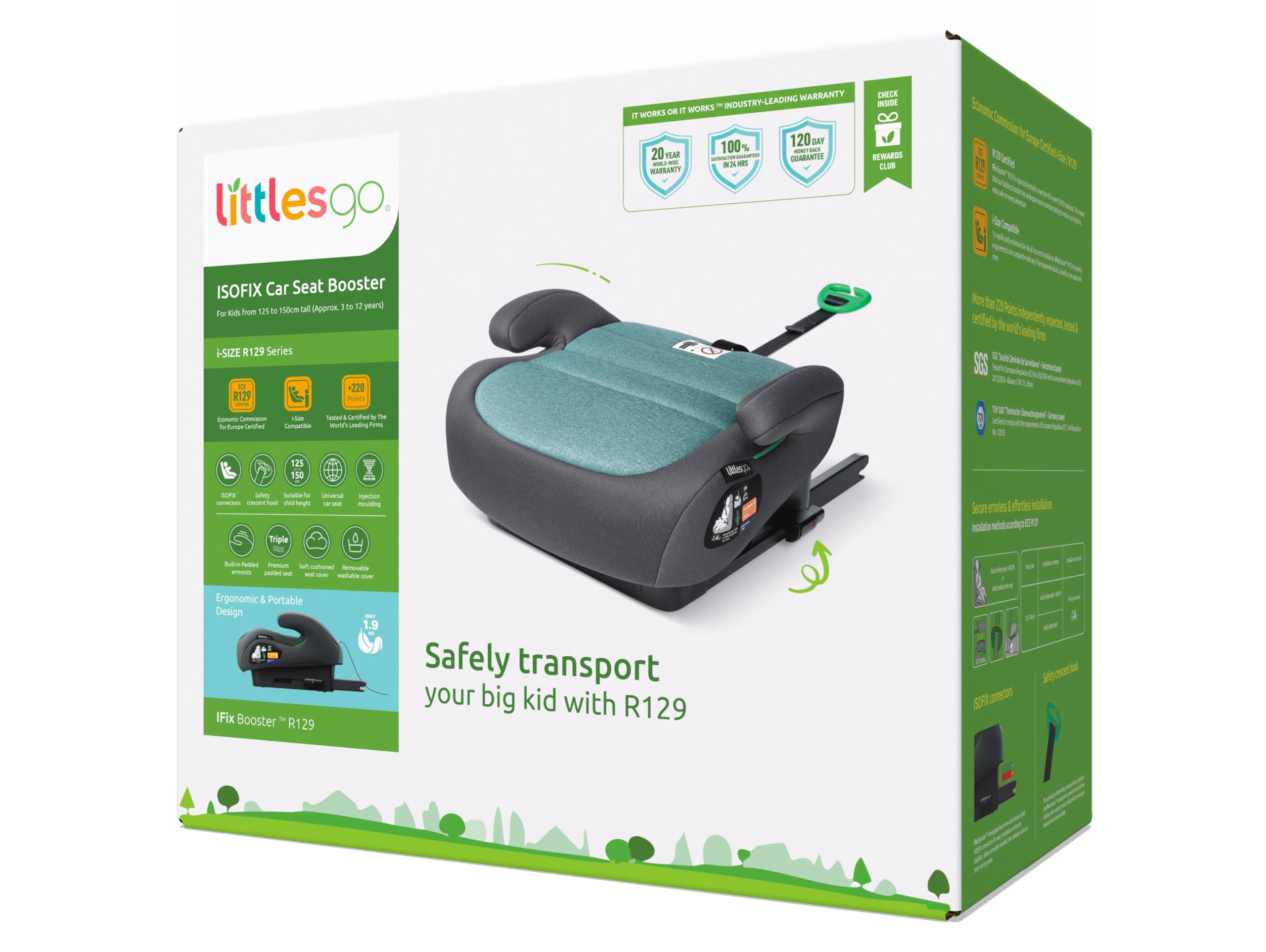 Littlesgo IFix Booster Seat, i-Size ISOFIX Car Seat, for Child from 125-150cm (3-12 Years, Group 2/3), Portable, Triple Foam Layers for Comfortable Travel, ECE R129, Green-Grey, 1 Pack