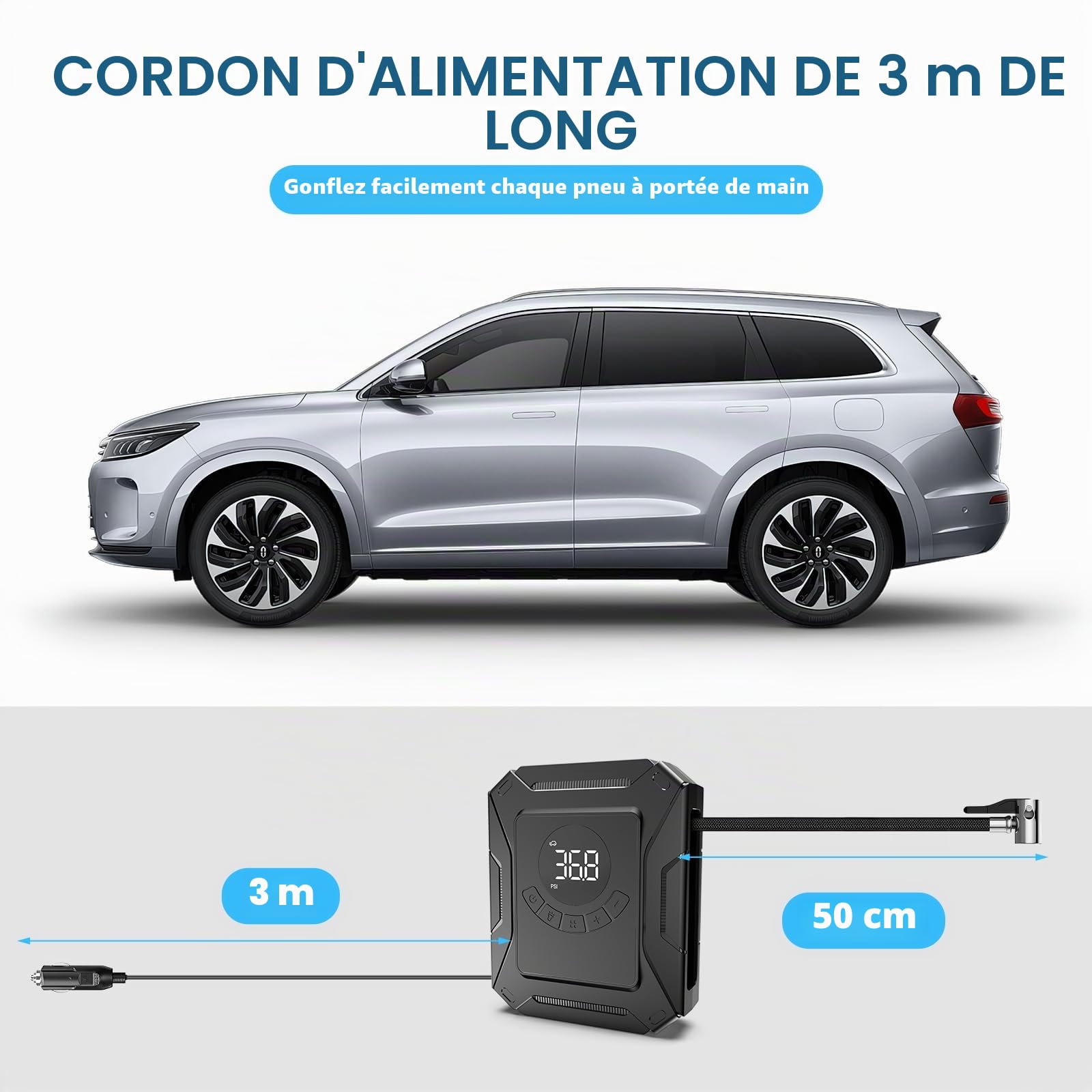 Compresseur Voiture 12V avec Écran LCD, Gonfleur Portable à Arrêt Automatique & Pression Préréglée, Pompe à Air Rapide pour Pneus de Voiture, SUV, Moto, Vélo et Ballons – Accessoire Auto