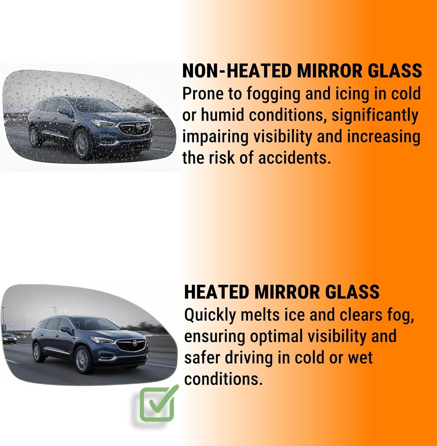 Burco 5290H Convex Passenger Side View Heated Mirror, OEM# 15952800, Fits Buick Enclave 2008-2017, Drop Fit Replacement for Heated Mirrors, Smooth Edges for Safety