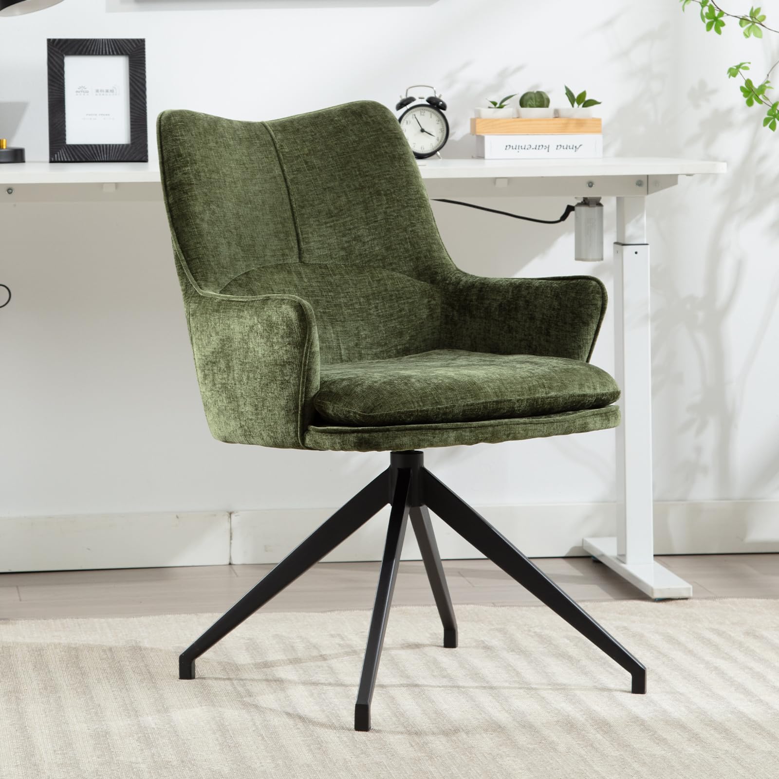 DAYALANE Silla de oficina giratoria de 360°, silla de escritorio sin ruedas con respaldo ergonómico y patas de metal, silla de tocador para el hogar, oficina, sala de estar, color verde