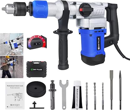 1080W SDS Rotary Hammer Drill Kit | 3-in-1 Drill - Drilling, Impact Drilling, Chiselling | 4 Joule Impact Force, 0-6 Gear Speed, 360  Rotation, Incl. 3 Drill Bits, Pointed & Flat Chisels, Case Blue