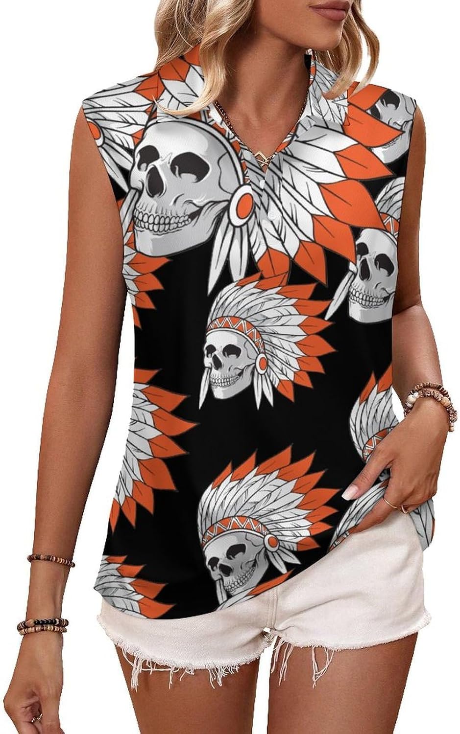 Indian Skull Women's Golf Shirt Sleeveless Polo Shirts Tank Tops Blouses Tennis T-Shirts Casual