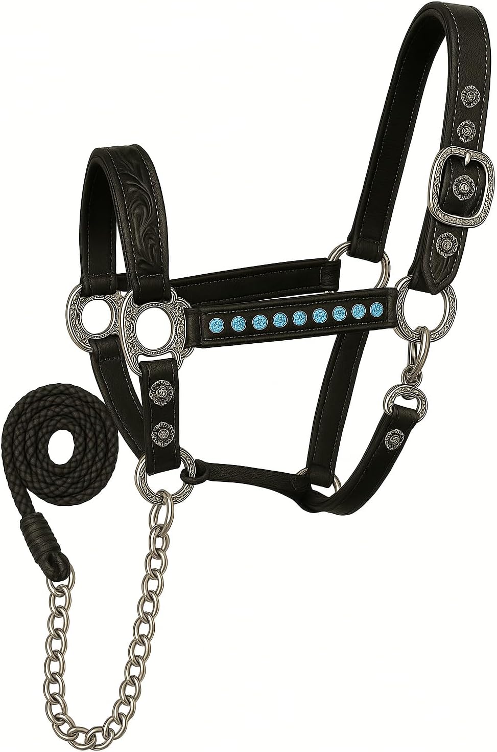 Handcrafted Leather Horse Halter – Tooled Design with Crystals, Cushioned Padding, Adjustable Fit, Chain Lead Pony M10