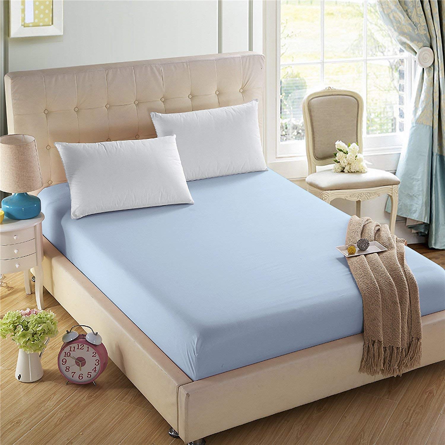 4U'LIFE Single Fitted Sheet, Prime 1800 Series, Ultra Soft & Comfortable, Double Brushed Microfiber (Light Blue, Queen)