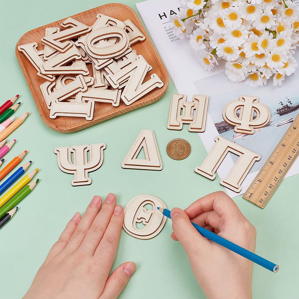 FINGERINSPIRE 24Pcs Double Layer Wooden Greek Letters 49.5mm Unfinished Wood Greek Alphabets Letters Unfinished Alphabet Wood Pieces for Crafts Paddle DIY Painting Arts Project Home Wall Decor - Image 3