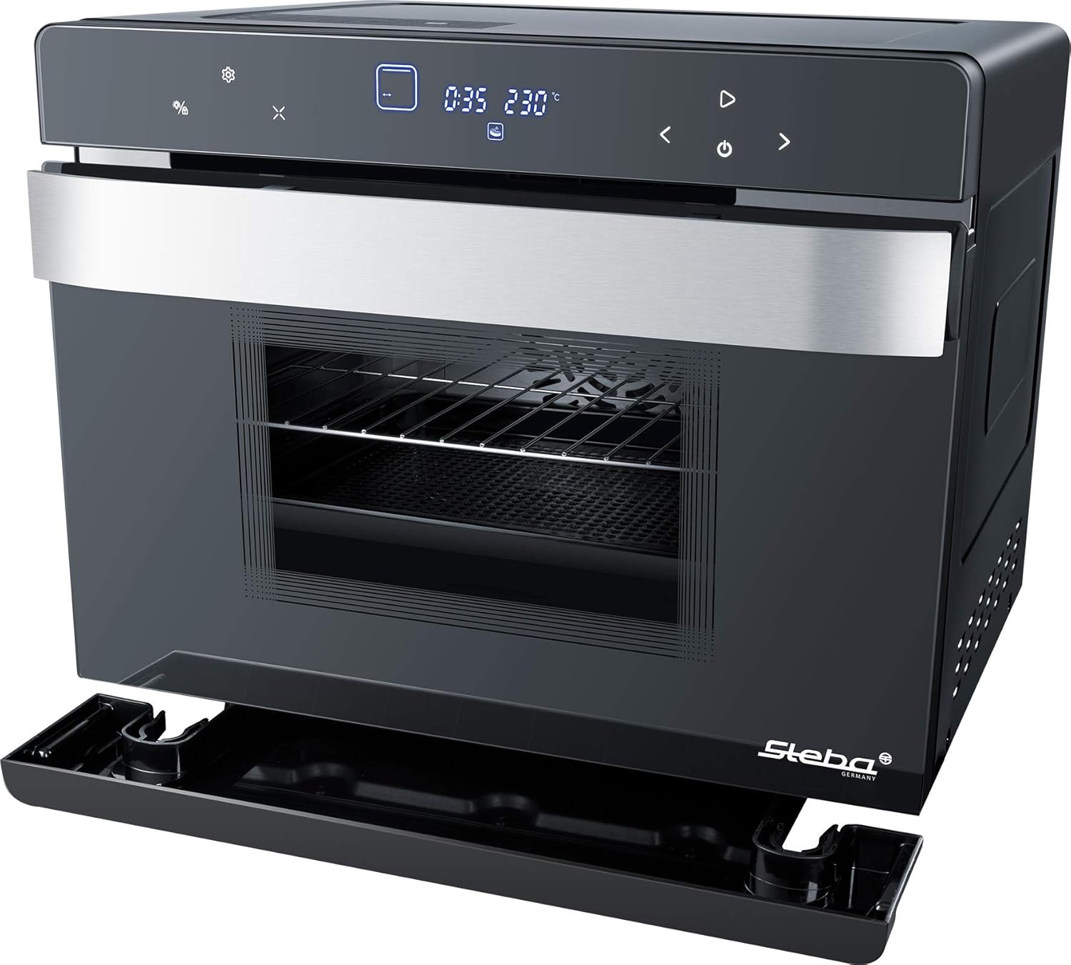 Aurrealdea view of the Steba DG 40 Multifunction Steam Oven with digital display and control panel.