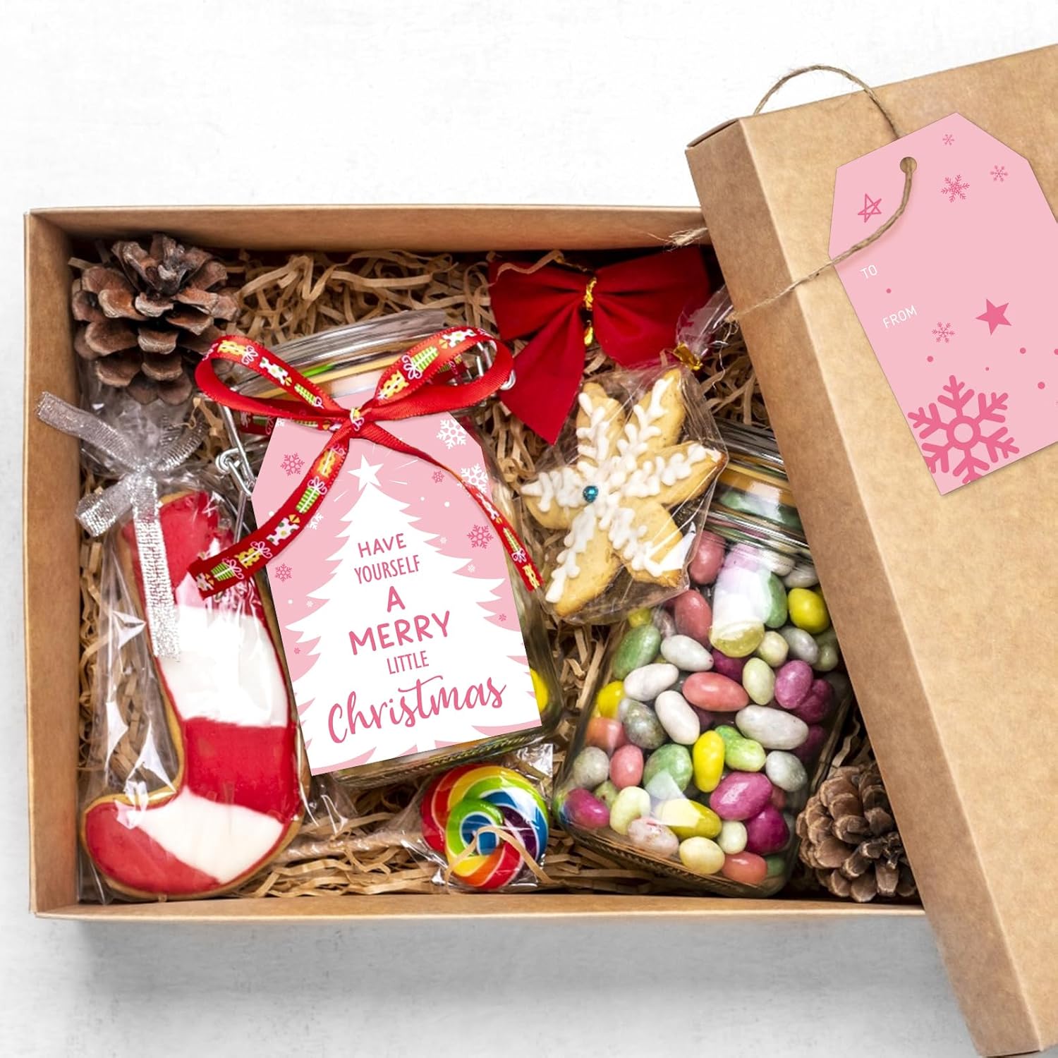 Anwyll Christmas Gift Tags with String - 50Pcs Pink Merry Christmas Name Tags for Gift Xmas to from Tag Have A Merry Little Christmas Tree Label Tag for Present Wrap Goodie Bags Holiday Party Favors - Image 6