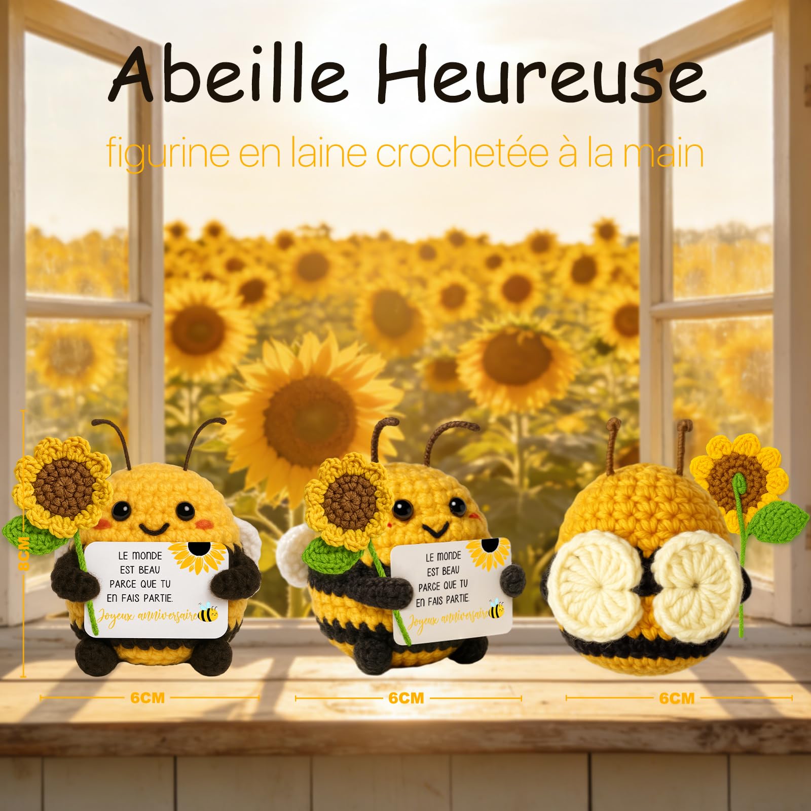 Farbeele Cadeau Anniversaire pour Femme Homme, Abeille Heureuse avec Tournesols, Décor Positive Fait Main au Crochet, Cadeau Remonter Le Moral, Décoration Maison - 3