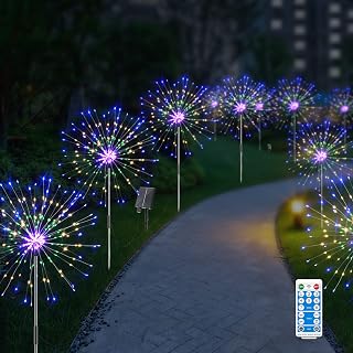 Solar Firework Lights Outdoor Waterproof ,6 Pack Solar Garden Lights 720 LED USB Charging , 8 Lighting Modes with Remote Control , 4 Brightness DIY Firefly Firework Lamp for Path Christmas Party Yard Decorative