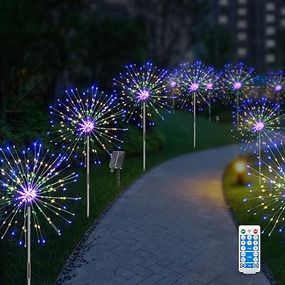 Solar Firework Lights,6 Pack 720 LED Solar Outdoor Garden Lights USB Charging Waterproof, 8 Lighting Modes with Remote Control, 4 Brightness DIY Firefly Lamp for Path Christmas Party Yard (Colorful)