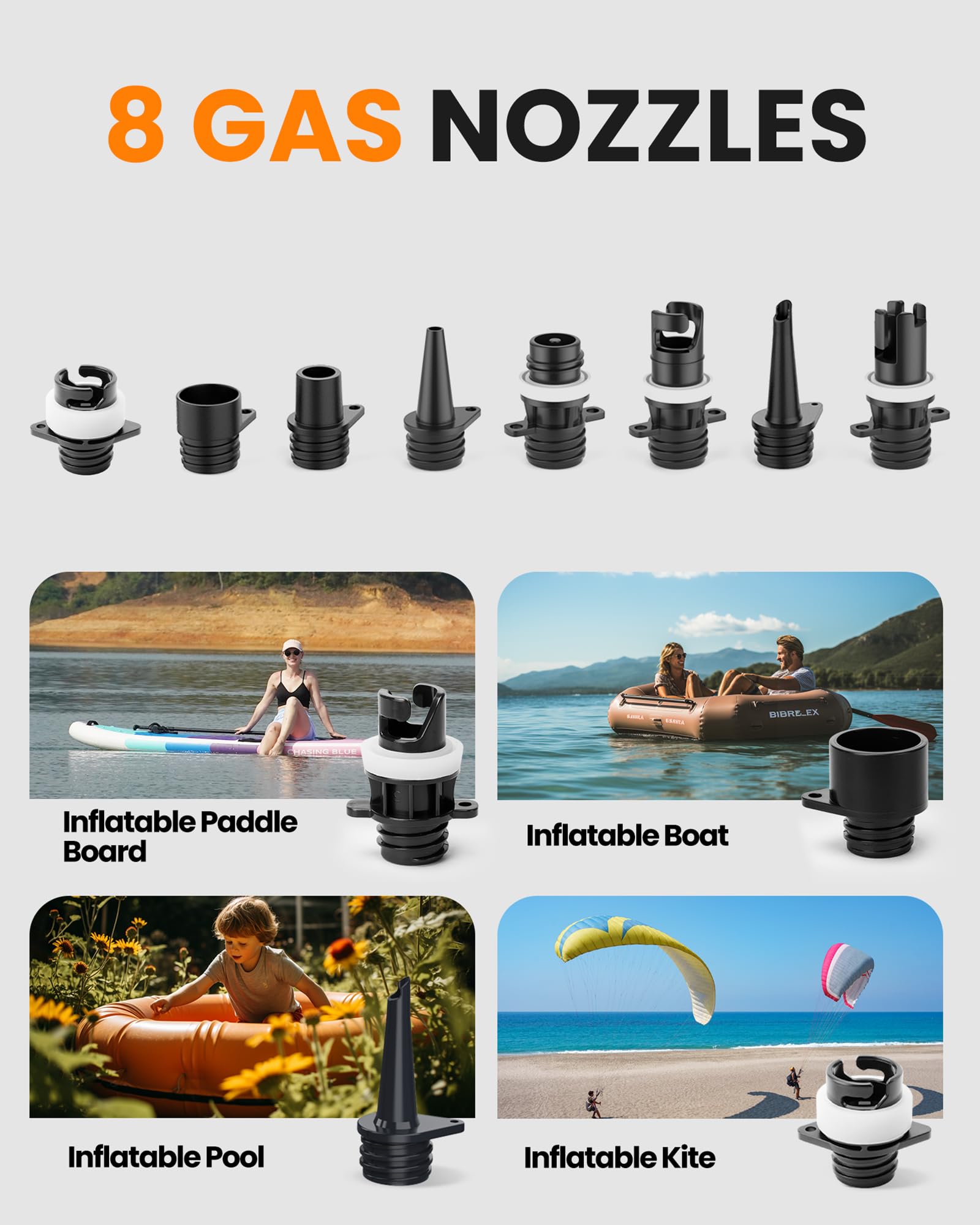 OutdoorMaster Vortex Bomba Eléctrica para Paddle Board Portátil, Máx 20PSI Inflador & Desinflador Bomba de Aire Electrica, Entrada DC 12V/15.8V, Apagado Automático & Refrigeración con 8 Boquillas