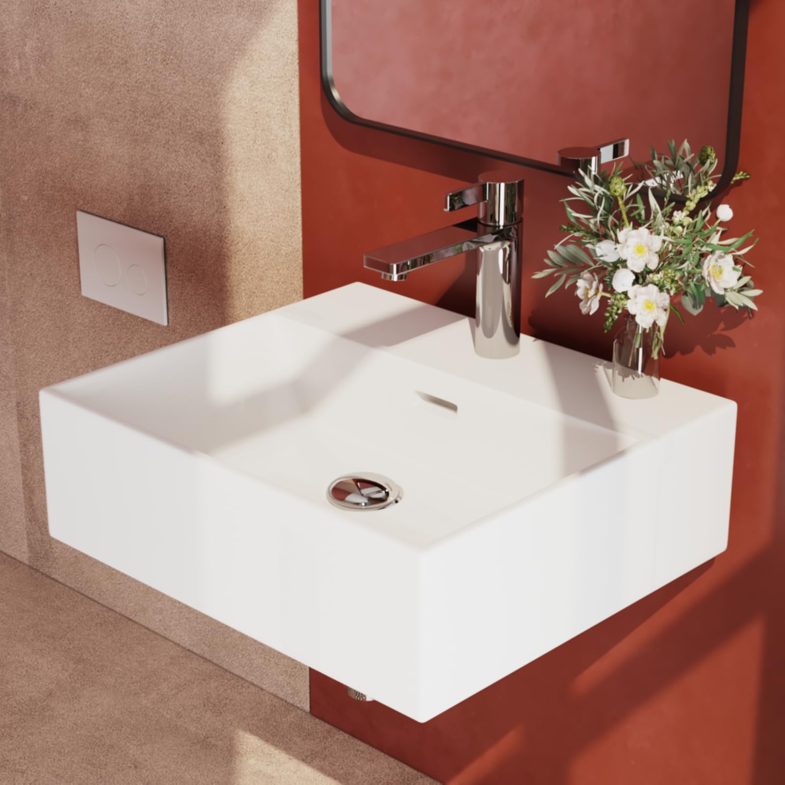 EMKE Lavabo sobre Encimera o Suspendido 41 x 36 x 13 cm, Blanco Brillante | Lavabo de Baño Rectangular de Cerámica , Lavamanos de Pared con Agujero para Grifo y Rebosadero (Solo Lavabo)