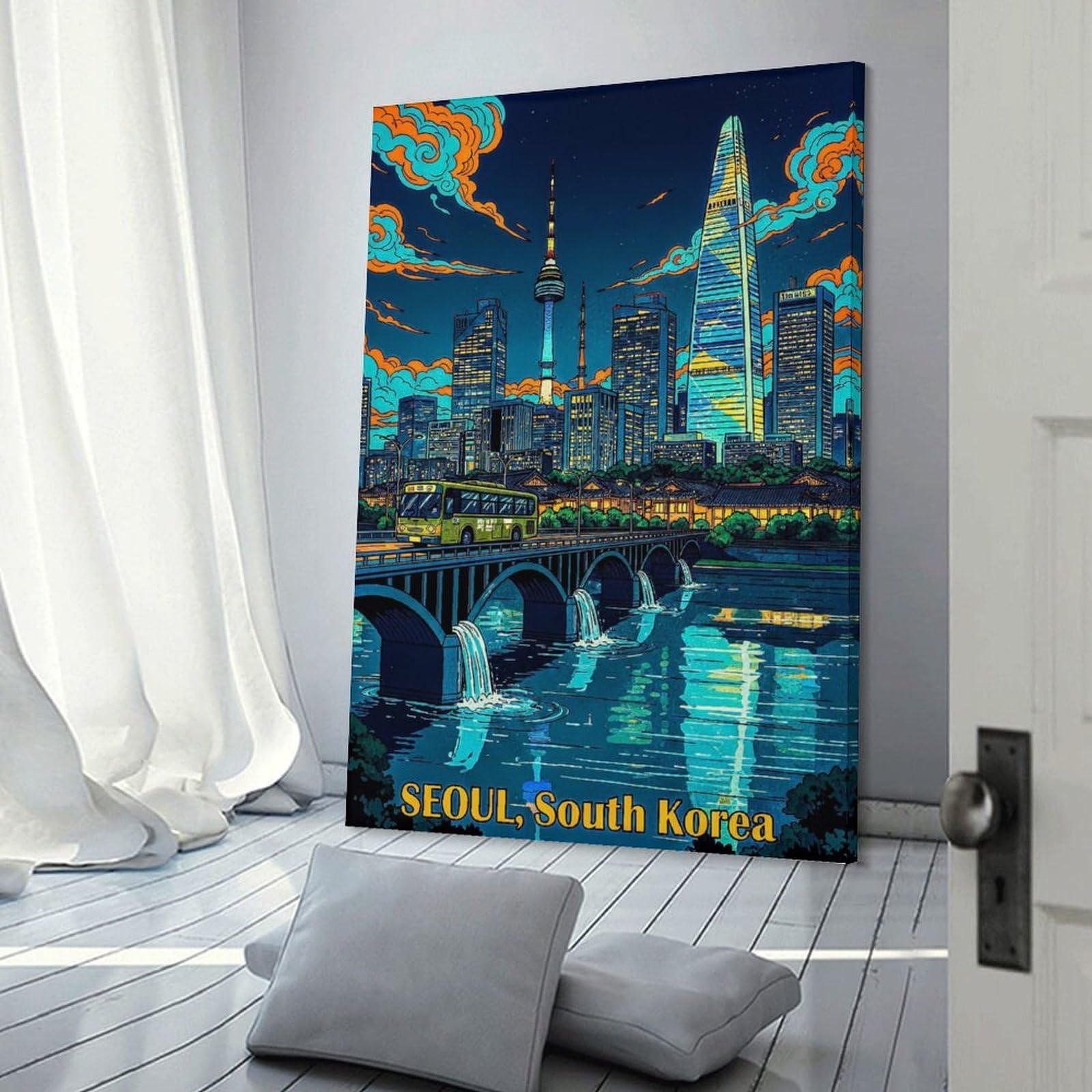 Junmoney Seoul Cityscape at Night(3) Room Decor Wall Art 08x12inch(20x30cm), for Bedroom Walls, Guest Spaces Or Lounges, An Easy Wall Refresh for Bedrooms