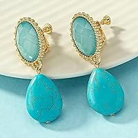 Vista 3 de Pendientes colgantes de turquesa de estilo vintage, cristal facetado ovalado, ajuste de corona dorada