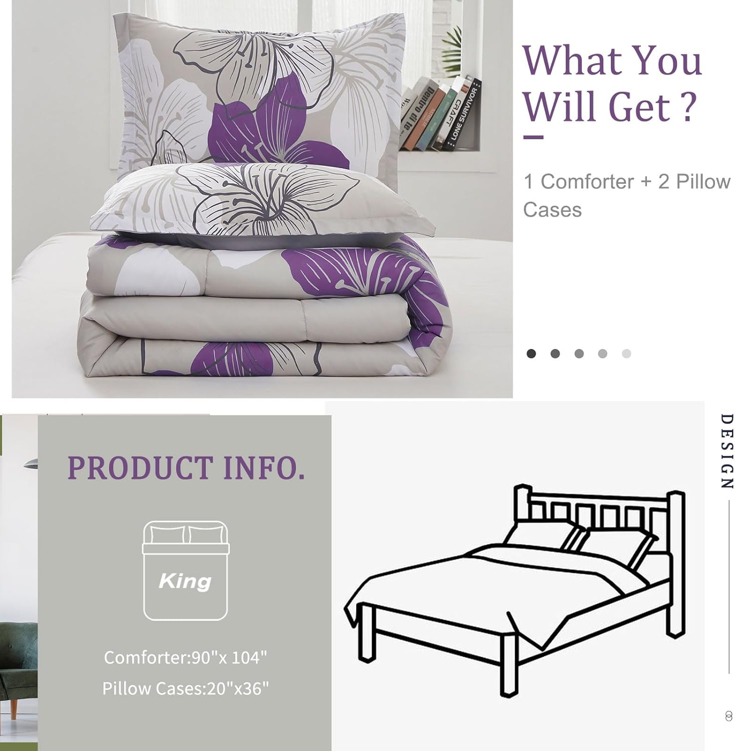 Menghomeus Floral Comforter Set King Purple Floral Pattern Printed on Grey, Soft Microfiber Bedding Set Lightweight Bed Set for All Season (1 Comforter, 2 Pillowcases) - Image 6