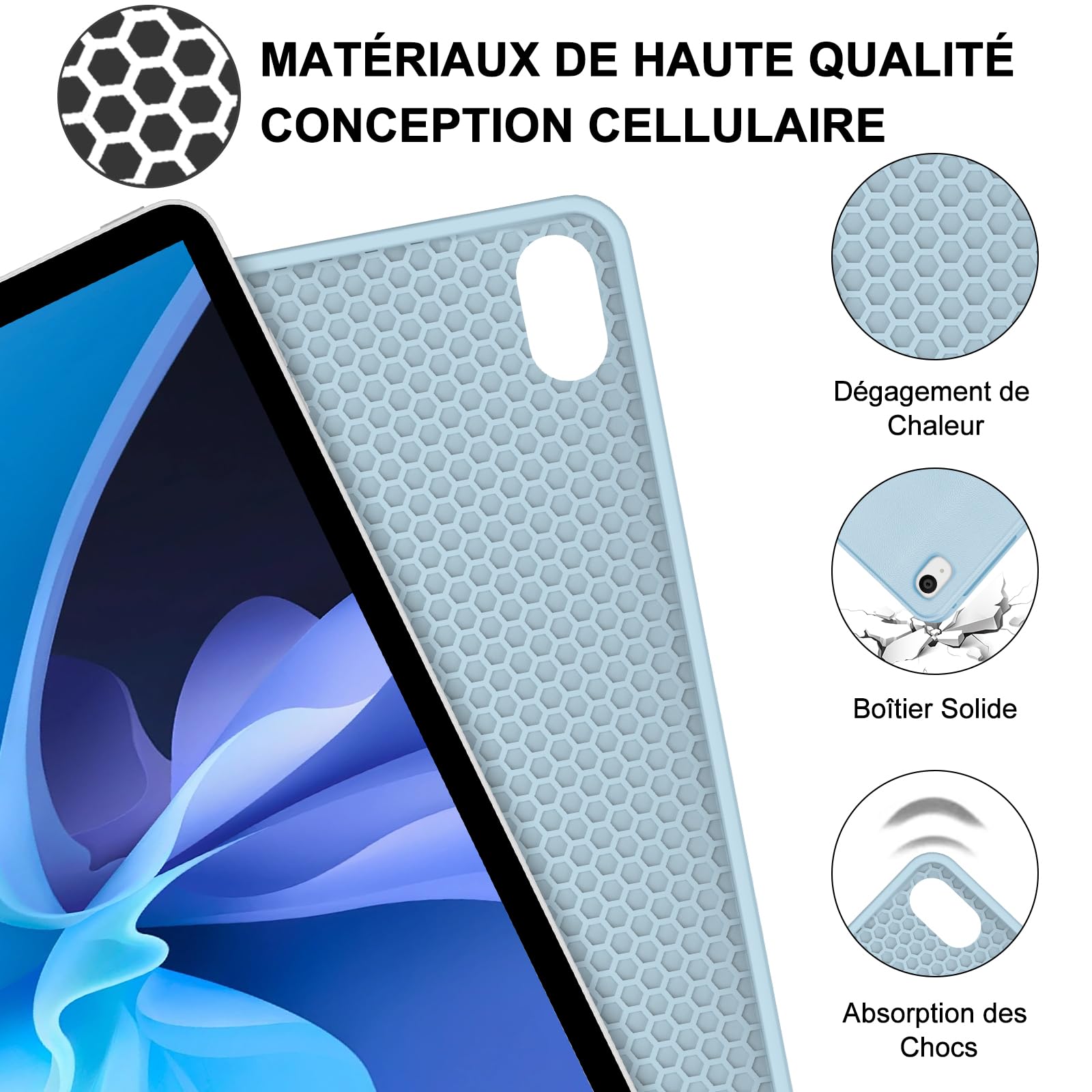 Coque Clavier pour iPad 9e/8e/7e Génération 10.2 Pouces, AZERTY Français Housse Clavier Bluetooth Détachable avec Porte Crayon pour iPad 2021/2020/2019 10.2"/Air 3 2019/iPad Pro 10.5 2017, Bleu Ciel