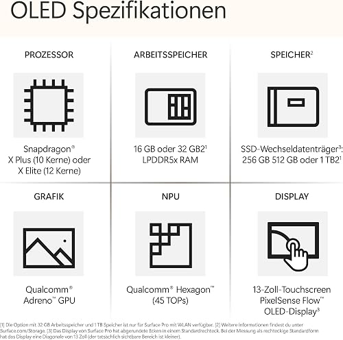 Microsoft Surface Pro | Copilot+ PC | 13” OLED Touchscreen | Snapdragon® X Elite (12 Kerne) | 16GB RAM | 512GB SSD | neuestes Modell, 11. Edition | Platin (Netzteil separat erhältlich) - 13