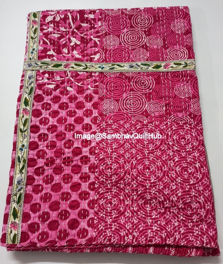 Pink Indigo Print with Less Cotton Handmade Handblock Quilted Blanket Cotton Indigo Print Bedspread Kantha Work Bohemian Bed Decor Block Throw Blanket Twin/King/Queen (108X108 inch)
