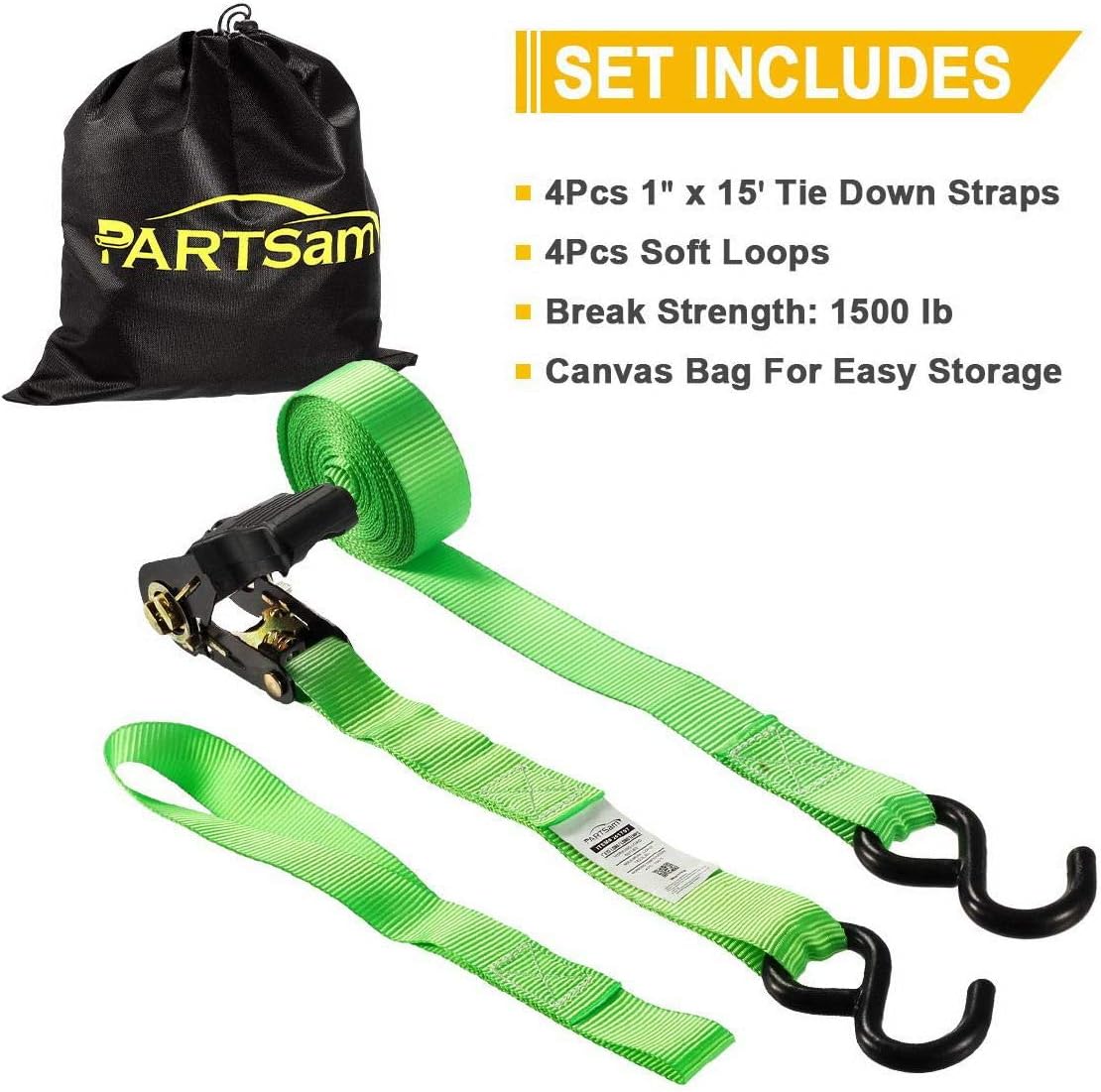 Partsam Ratchet Straps Heavy Duty Tie Down Set, 1500 Break Strength - (4) Heavy Duty 1" x 15' Cargo Tiedowns with Handles & Stainless Steel S Hooks for Moving, Securing Cargo in Carry Bag (Green)