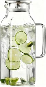 2 Liter Glass Pitcher with Lid and Handle, 68 oz Square Borosilicate Water Jug for Fridge, Wide Mouth Carafe with Strainer for Iced Tea, Juice, Milk, Hot or Cold Drinks