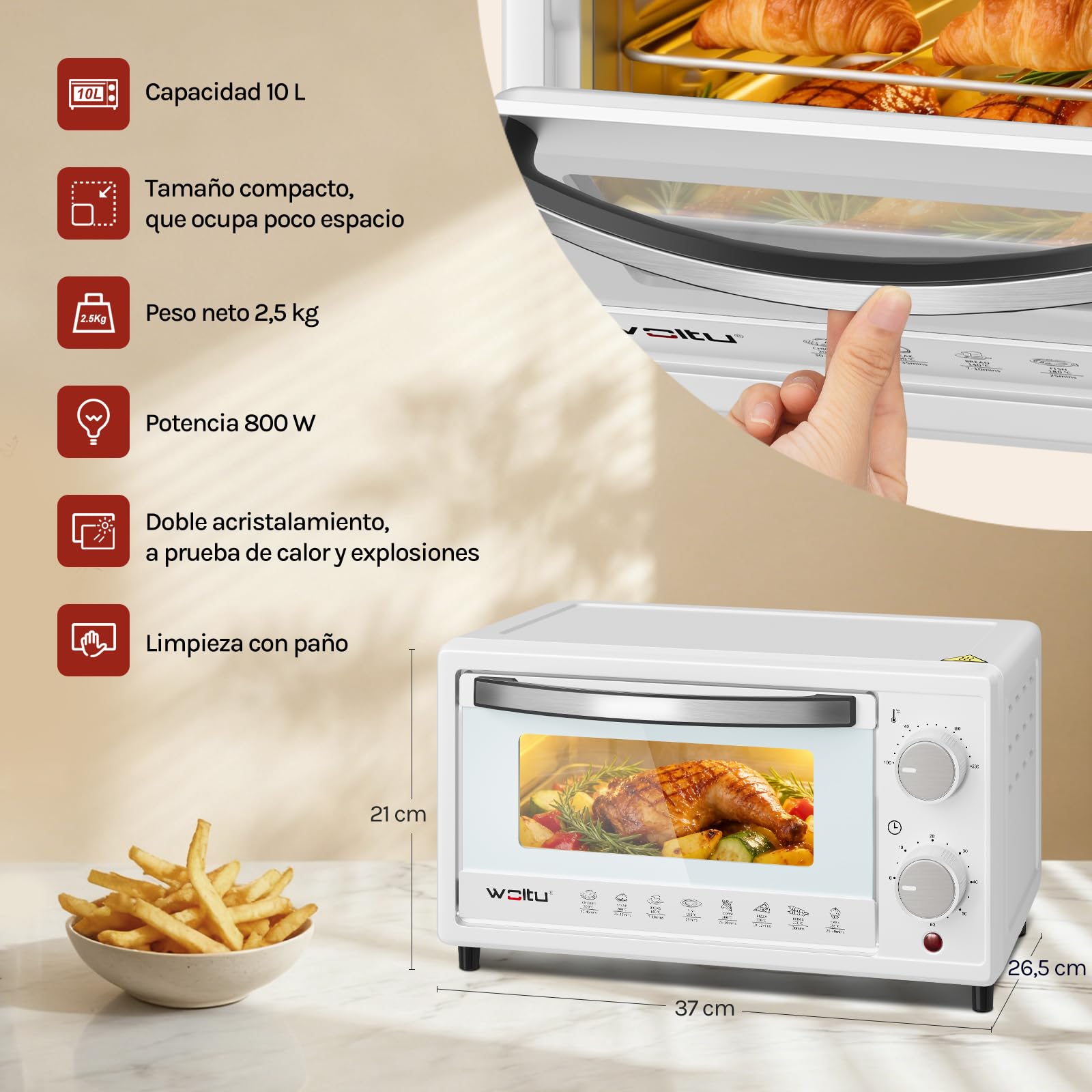 WOLTU Mini Horno Electrico 10 L, 800 W, Horno Pequeño Sobremesa, Mini Horno Tostador 100-230℃, Temporizador 0-60 Min, Blanco
