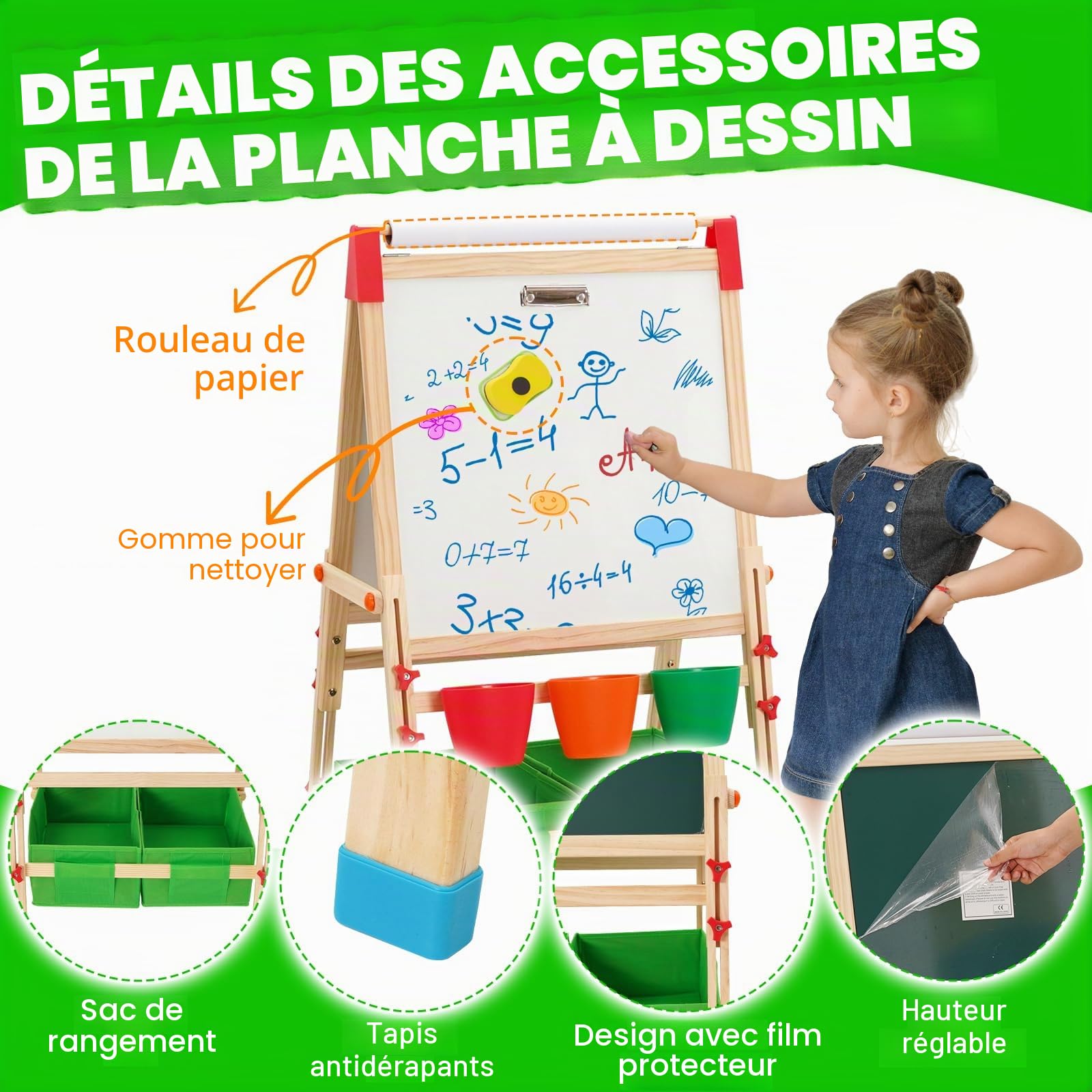 Tableau Enfant Double Face,Chevalet Réglable En Hauteur Pour Enfants,Chevalet Enfant Avec Tableau Blanc Noir Et Rouleau De Papier.Tableau blanc Effacable sur pied,Cadeau Anniversaire Fille Garçon