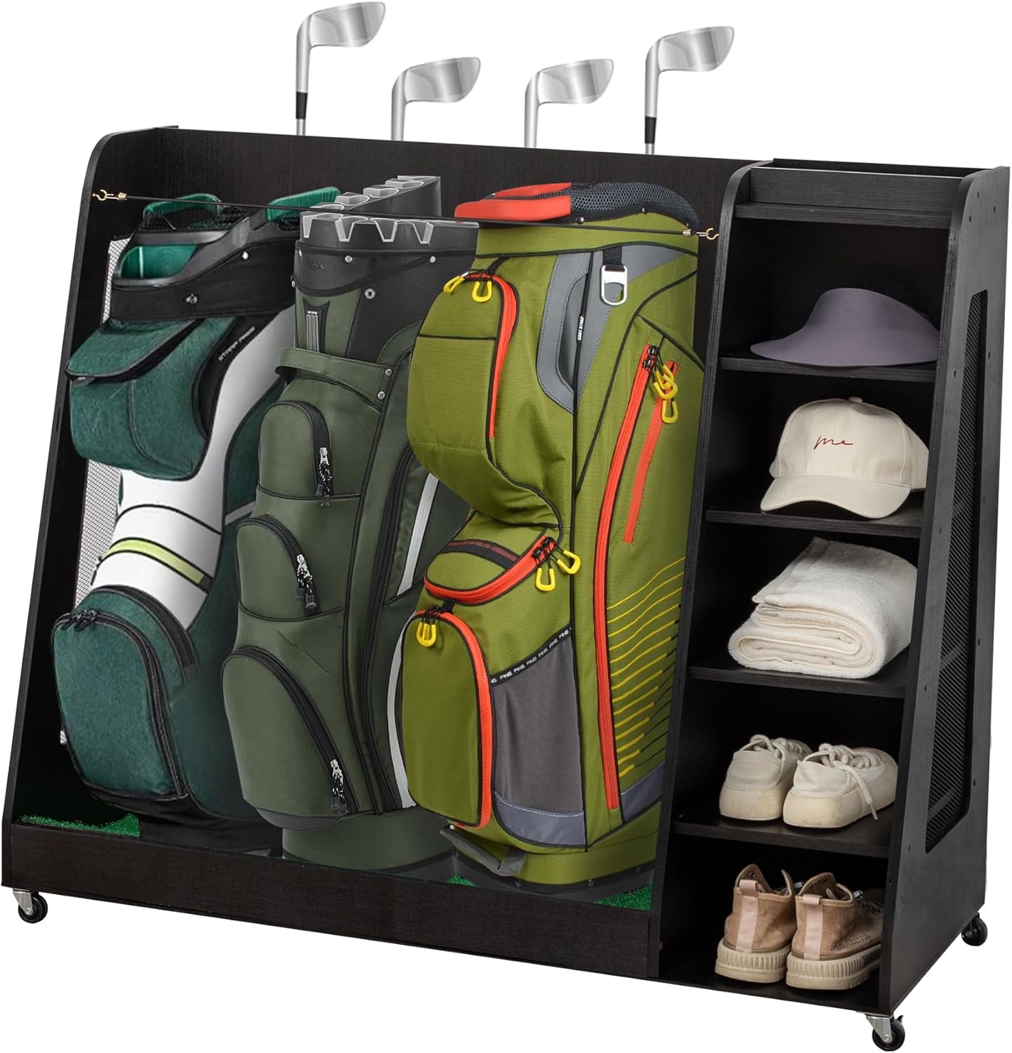 Wooden Golf Club Storage for Garage with Wheels 47.24× 17.7×39.96in Organizer for Golf Bag and Equipment Accessories,Easy Assemble Golf Club Stand/Holder,for Home, Garage, Club, Shed, Basement
