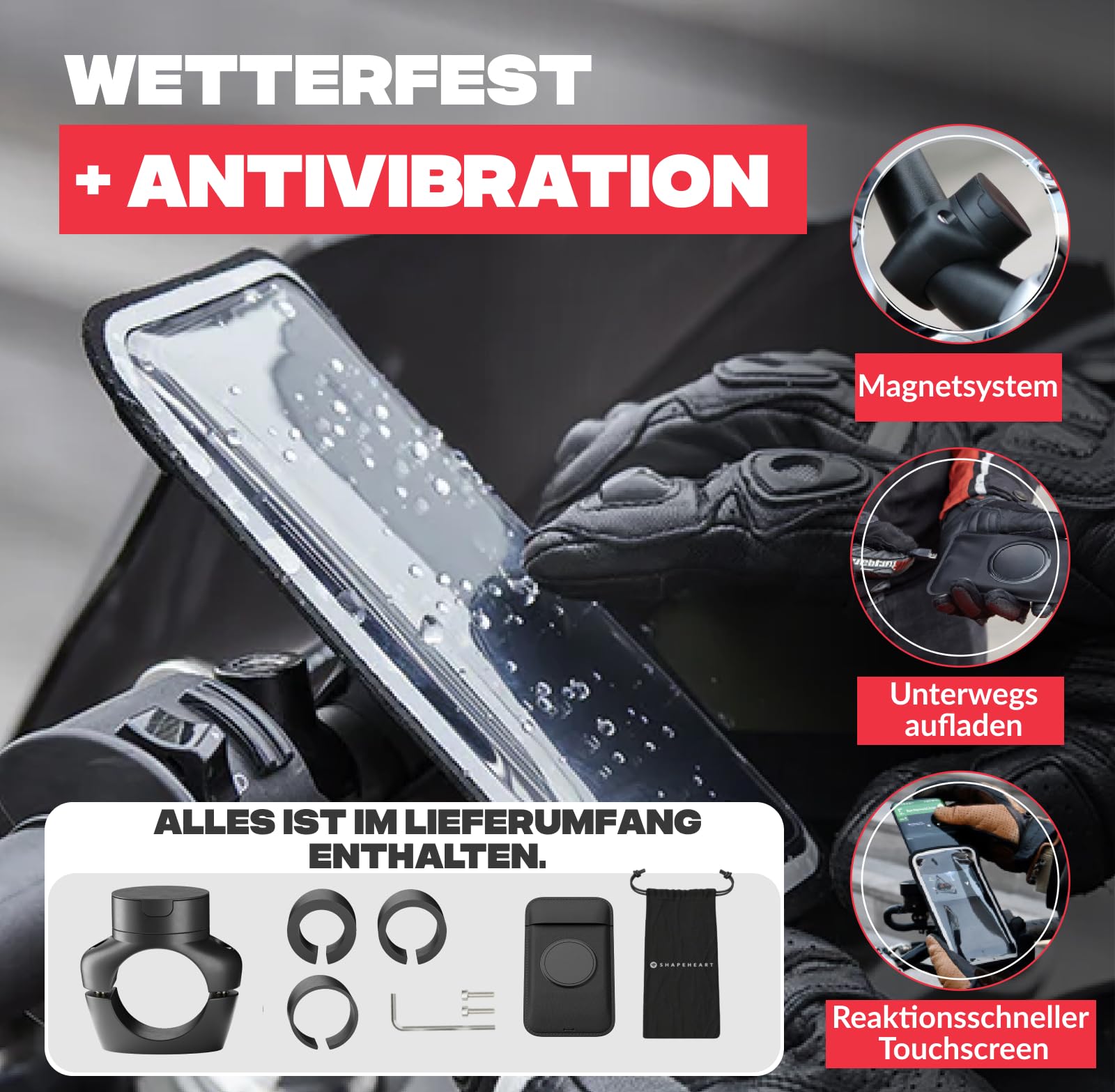 Shapeheart Motorrad-Handyhalterung PRO mit Abnehmbarer Weatherproof-Hülle