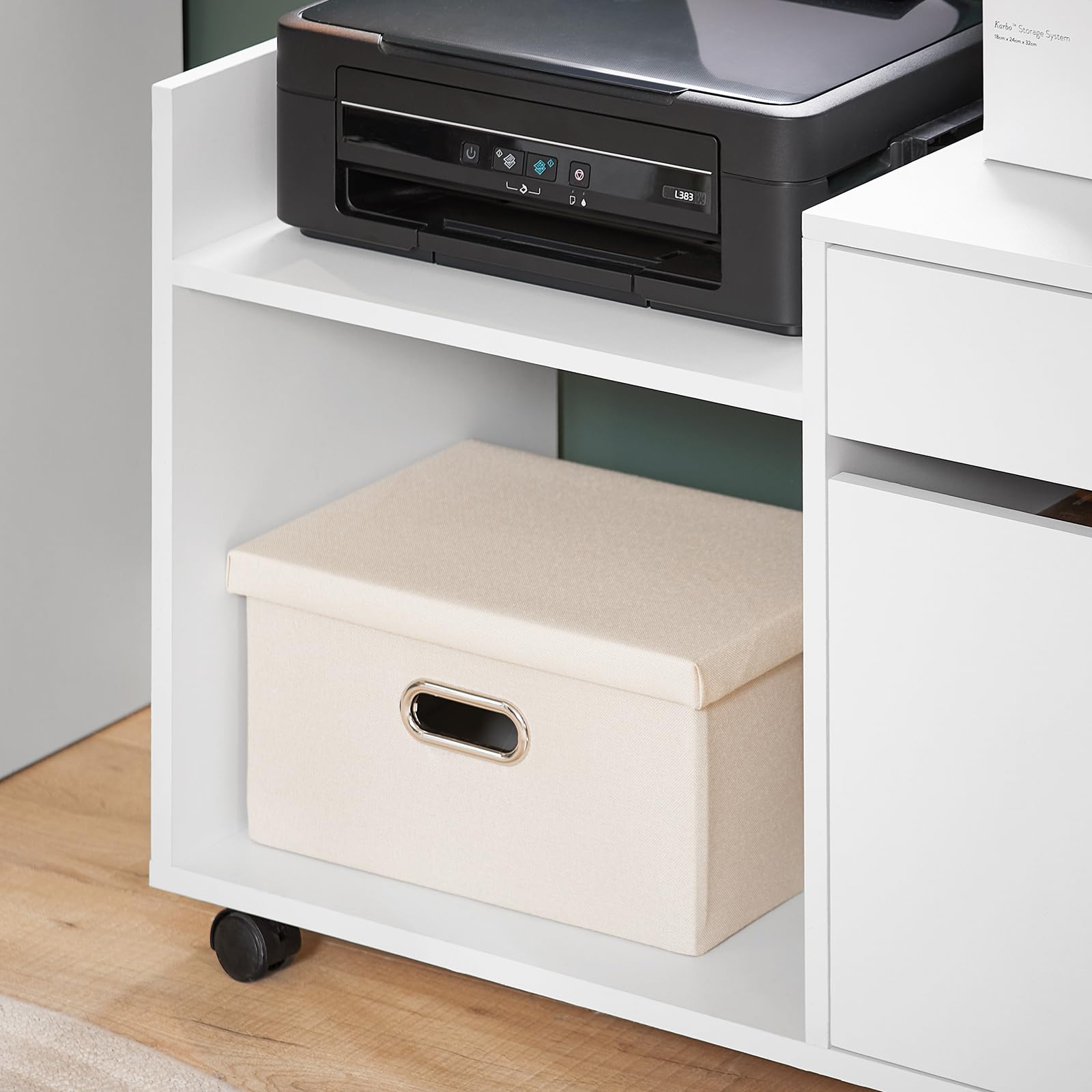SoBuy Cassettiera con Ruote Portata fino a 38kg 72x40x54cm Ufficio | mobile stampante con cassetto, anta e vano aperto, PB E1 ASK02-W