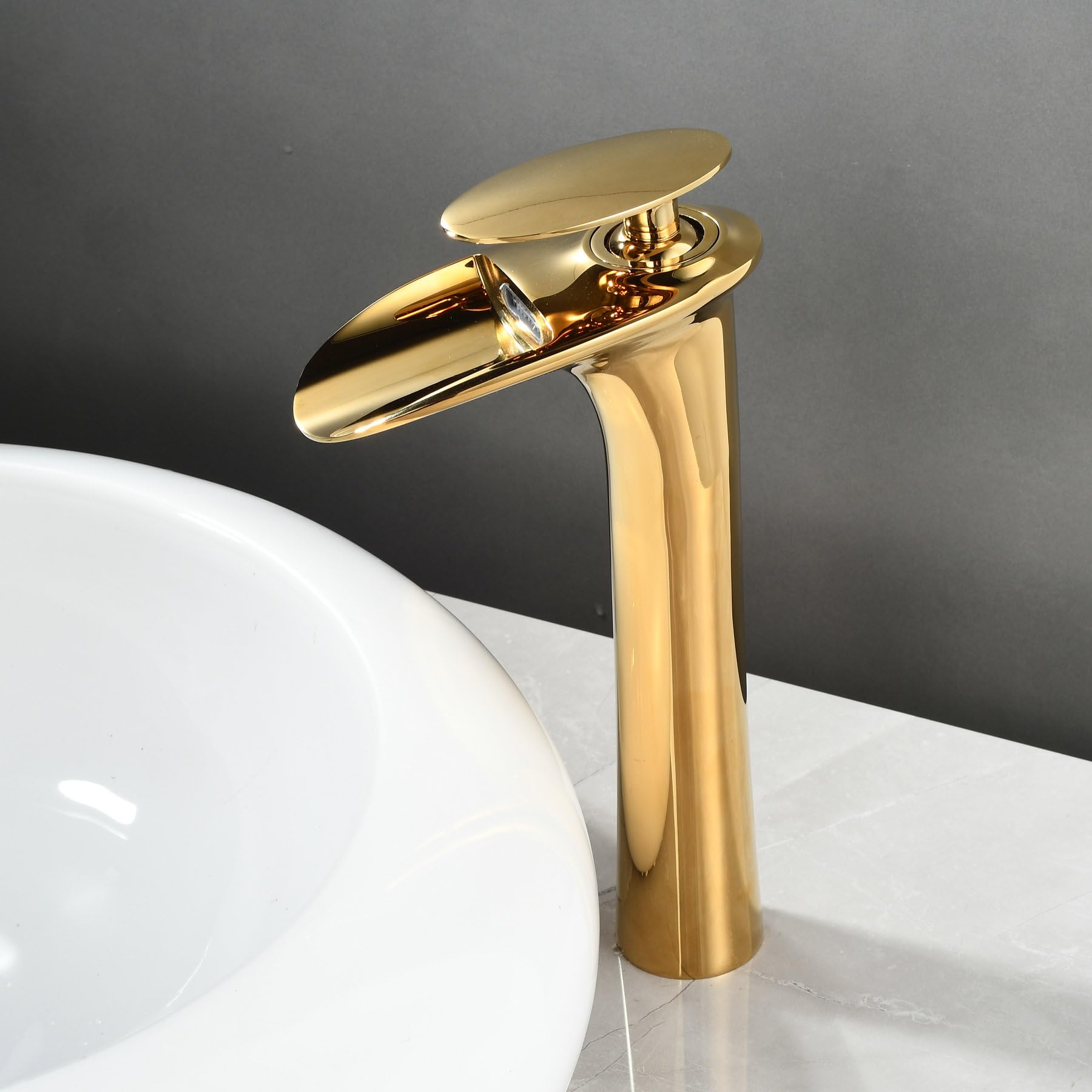 Gold Badezimmer Gefäß Wasserhahn SHUNLI Wasserfall Badezimmer Gefäß Waschbecken Wasserhahn Einloch Hoch Badezimmer Wasserhahn Massives Messing