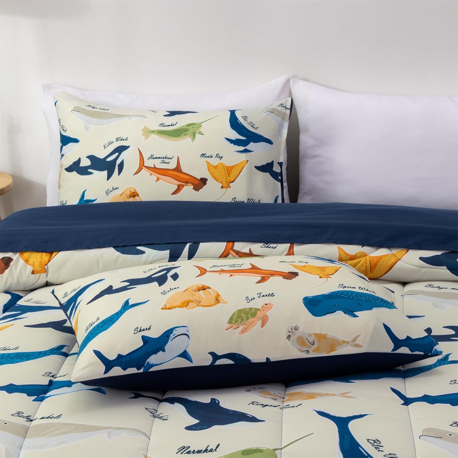 Aimuan Dolphins Comforter Set Kids Animals Bedding Set Super Soft & Cute Fish Printed for Boys Girls Teen (Cream, Twin 5Pcs)