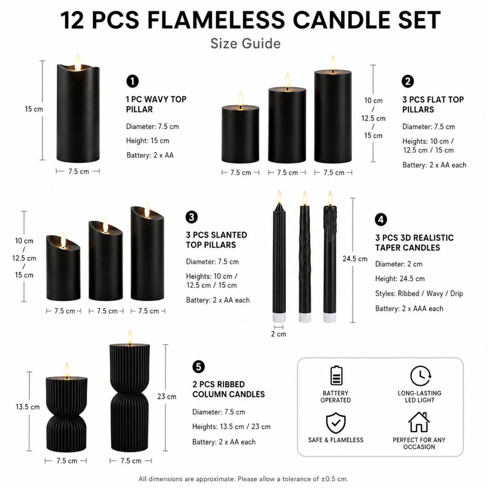 Mateju 12 Pezzi Candele LED Fiamma Oscillante con Telecomando e Timer, Candele LED Decorative a Batteria Luci Senza Fiamma Lunghe per Interni Esterni Camera da Letto Sala (Nero)