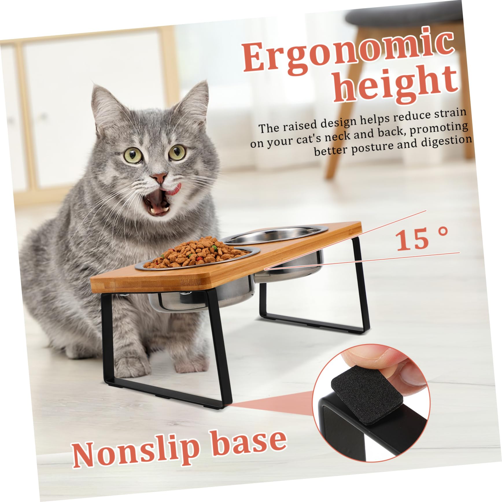Ciotola per Gatti Rialzata in Acciaio Inox con Doppie Ciotole | Gatto e Piccolo Cane, Uso Interno, Design Elegante, Struttura in Legno e Acciaio Inossidabile