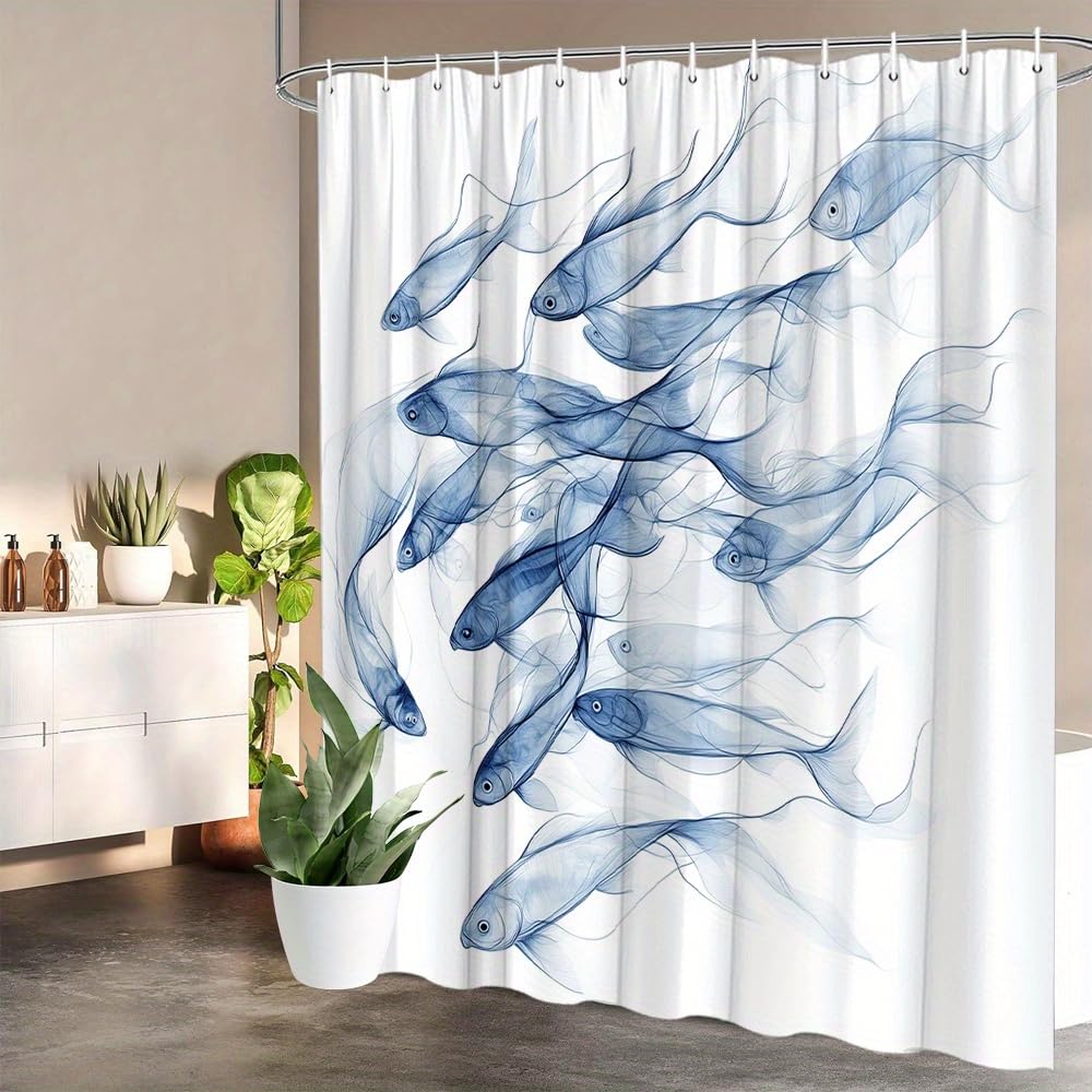 GLWDMB 1 Piece 120x180CM Dreamlike School Of Blue Fish Pattern Printed Shower Curtain With Hook, Polyester Fabric, For Windows And Walls, Bathtub, Bathroom, Machine Washable, All Season Universal