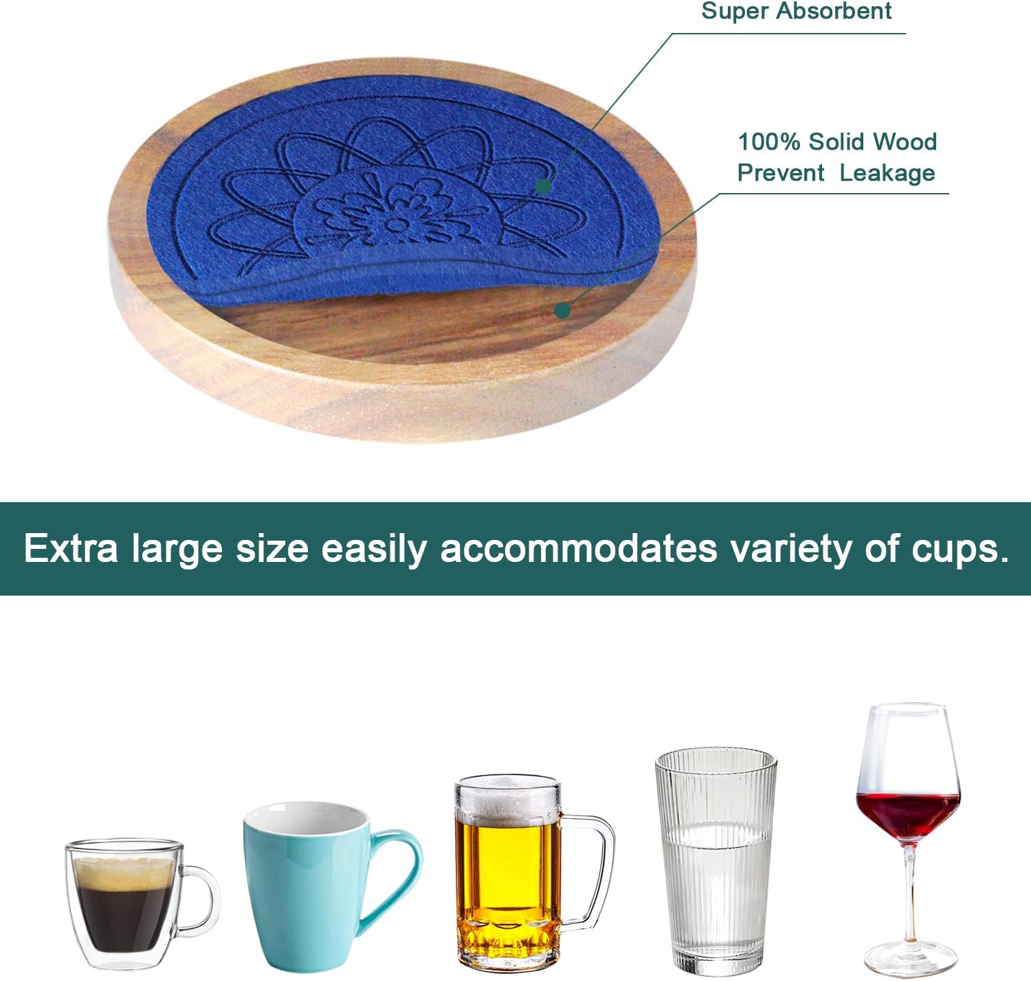 5 Pack Wood Coasters for Drinks, Minacun Absorbent Coaster Set, Drinks Coasters for Coffee Tabletop Protection, Non-Slip, Non-Stick, Suitable for Kinds of Cups Wooden Table Drink, 4.3 Inch Blue - Image 5