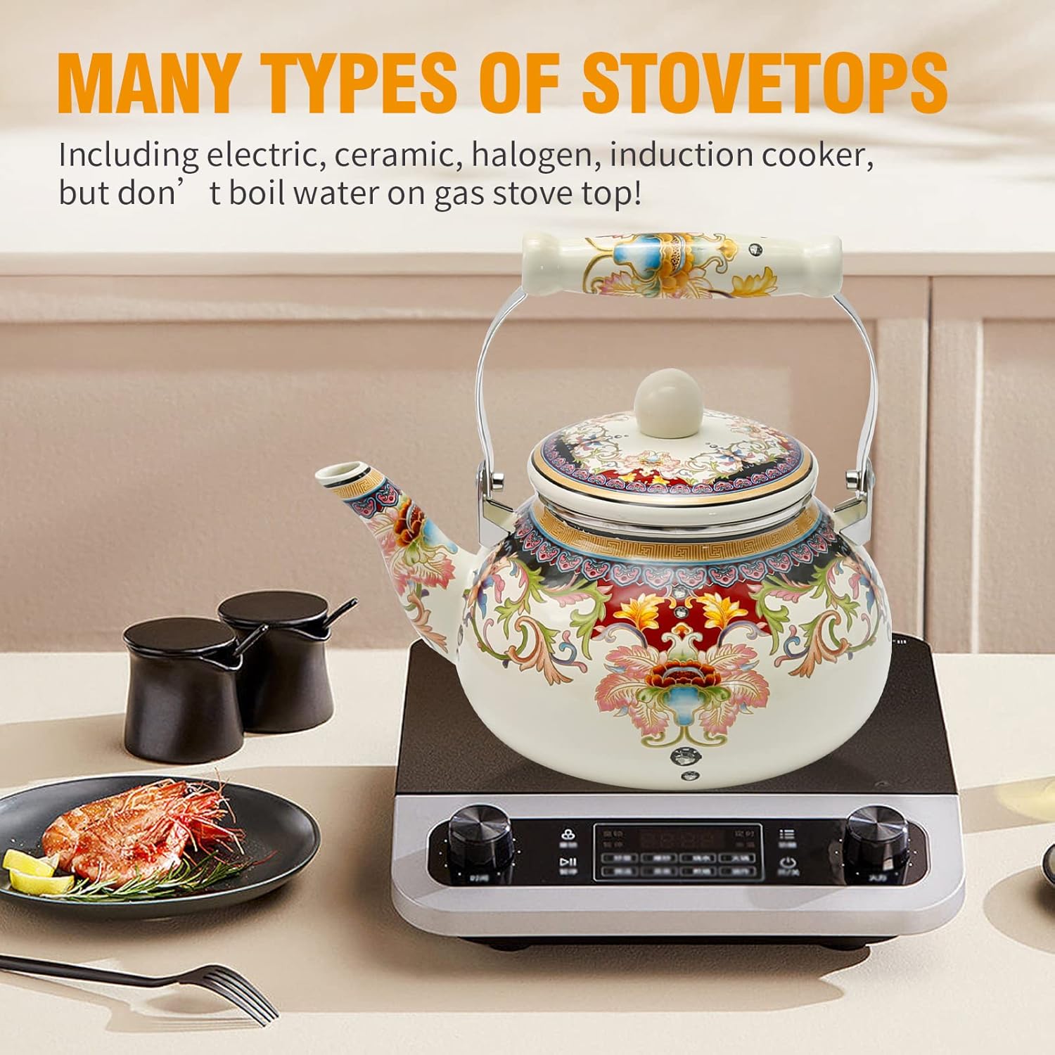 Saihisday Floral Teapot Enamel Afternoon Tea Kettle For Stovetop, 2.5L Large Flowered Tea Kettle with Ceramic Handel for Afternoon Tea Wedding Party Housewarming Gift