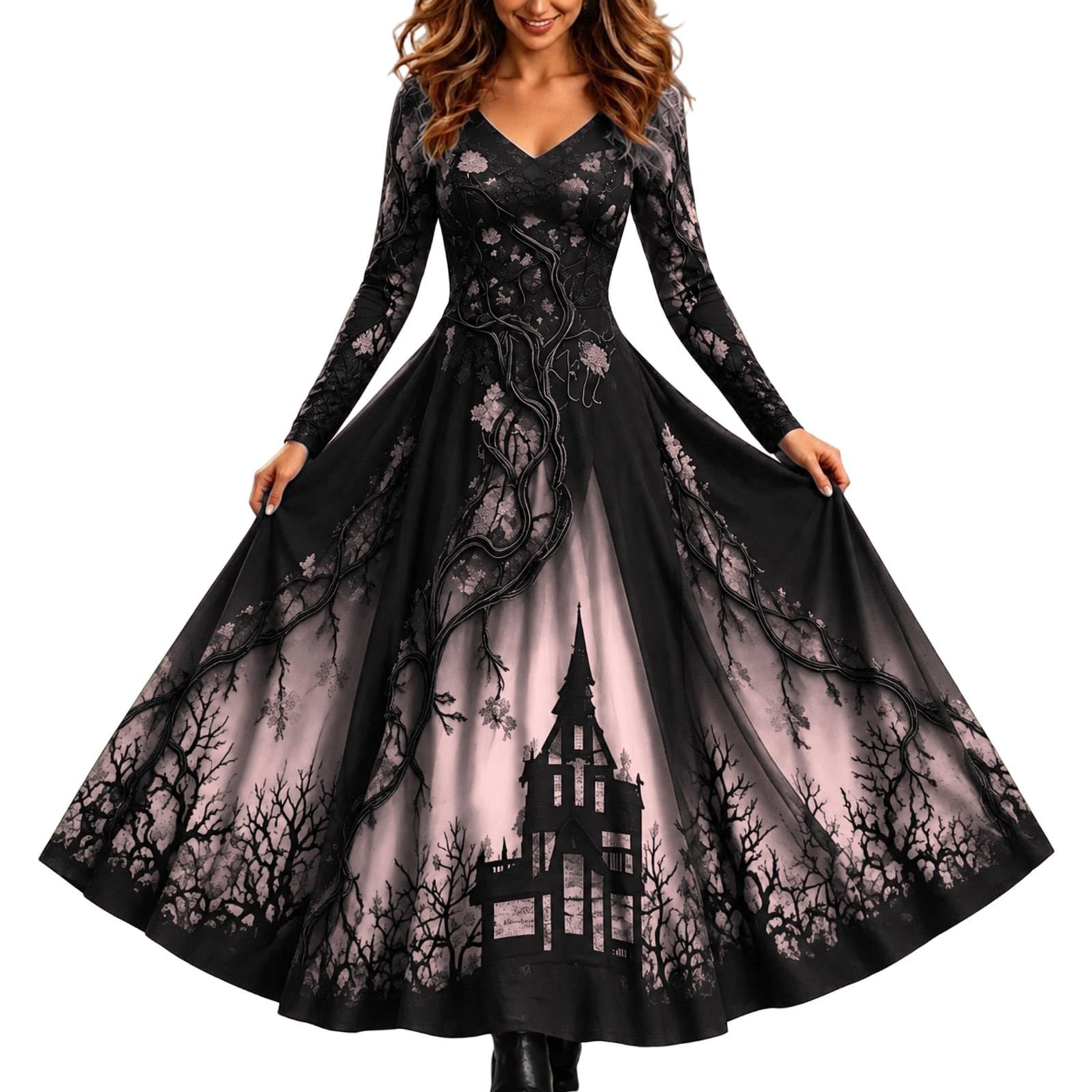 Halloween Costume Women's Skeleton Dress Midi Dress Gothic Dress Halloween Fancy Dress Costume Skeleton Skull A-line Long Sleeve Midi Dress Calf Length Gothic Vintage Cosplay Party