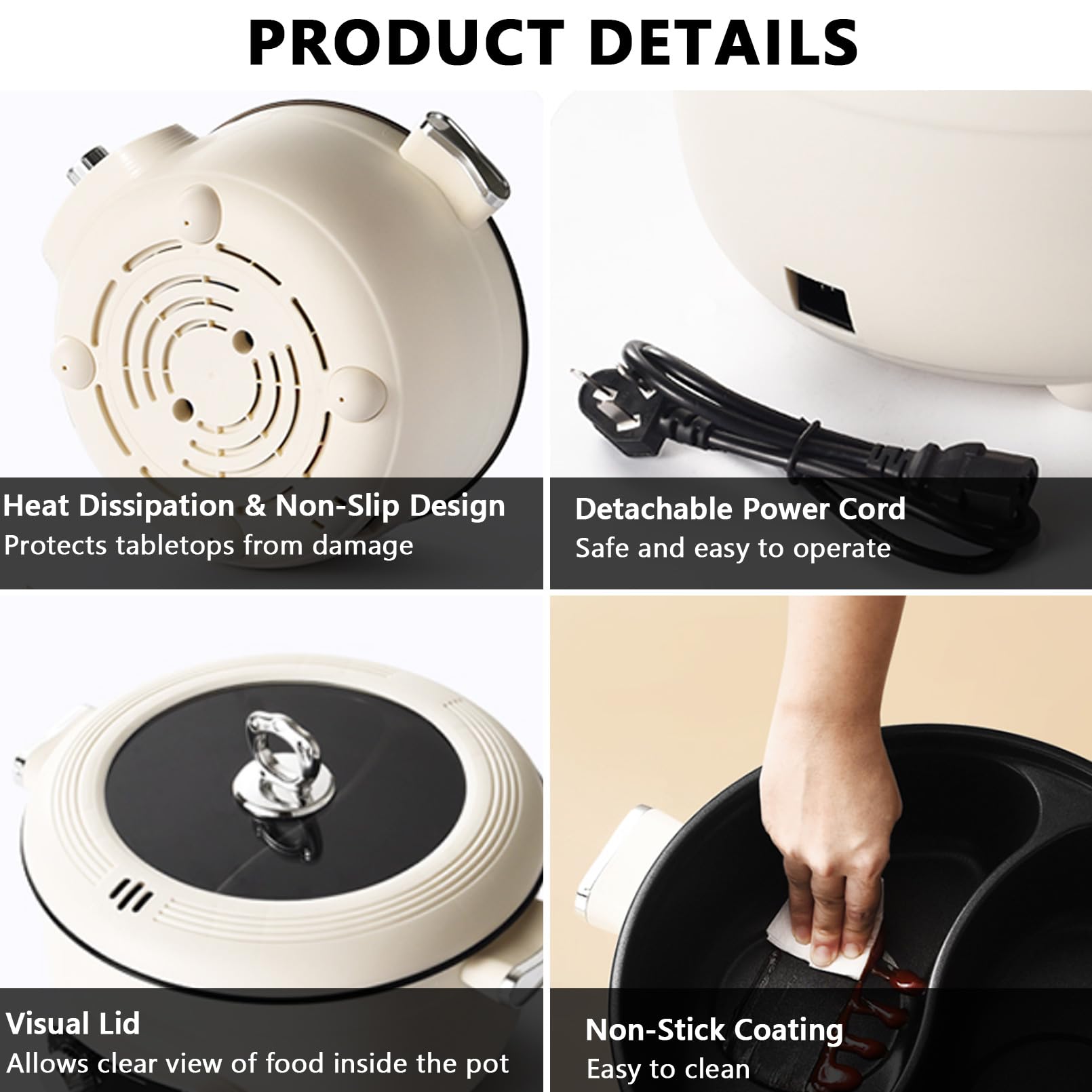 Hotpot Casserole électrique 5,3 l avec chauffage rapide et trois boutons rotatifs, 1600 W avec revêtement antiadhésif, 3 niveaux de réglage de la température, pour steak, fondue, légumes