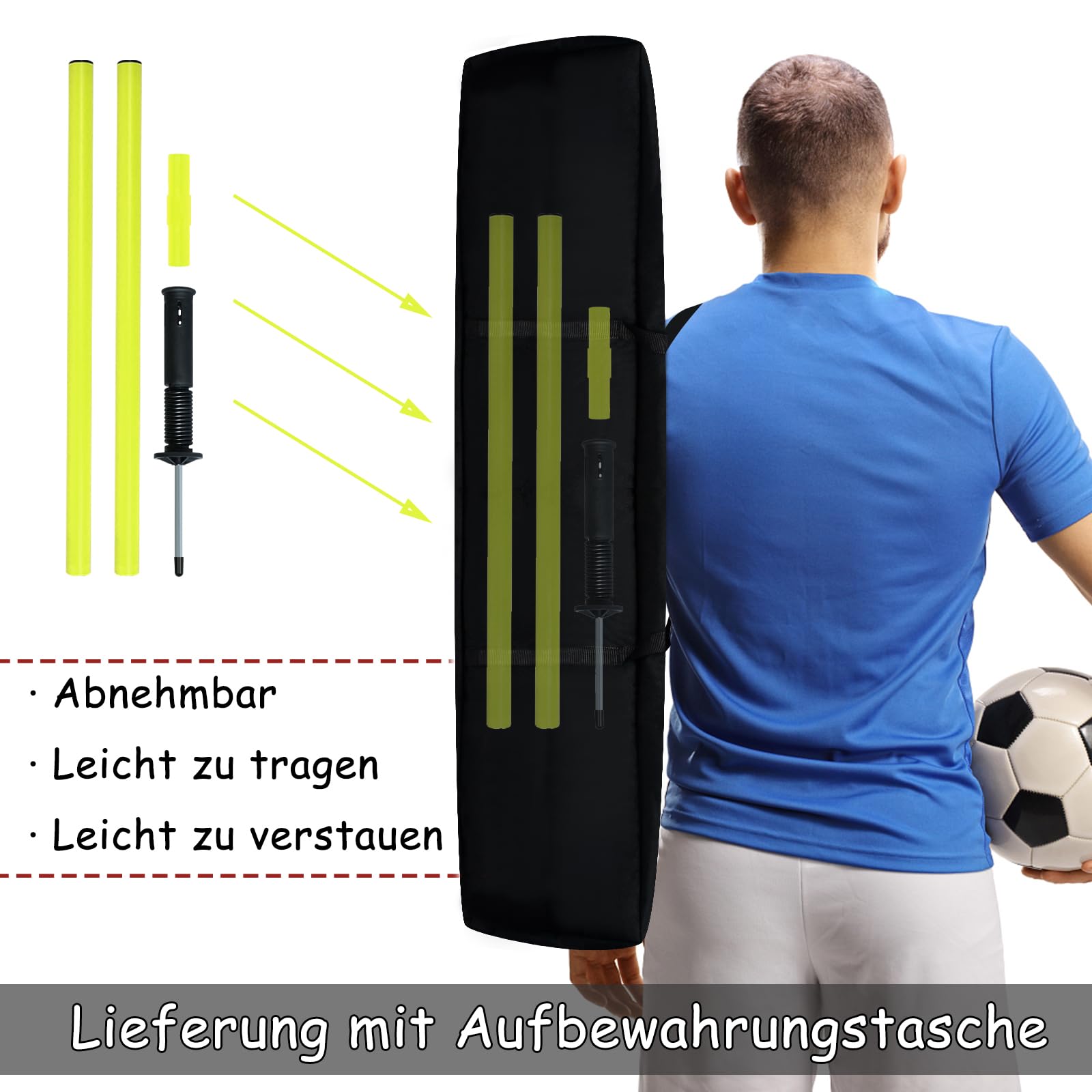 FIVMEN Slalomstangen Fussball Trainingszubehör 6tlg 1,8m Slalom Agility Stangen Set mit Stahlspitzen und Tragetasche, Federbelastete Traingsstangen für Fußball Training Fitness Sport