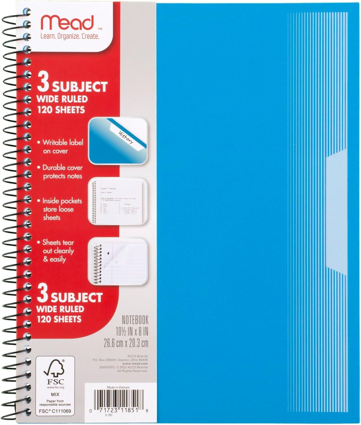 Mead Spiral Notebook, 5 Pack, 3 Subject, Wide Ruled Paper, Plastic Cover, 8" x 10-1/2", 120 Sheets per Notebook, Black, Red, Blue, Green and Yellow (930100A-ECM)