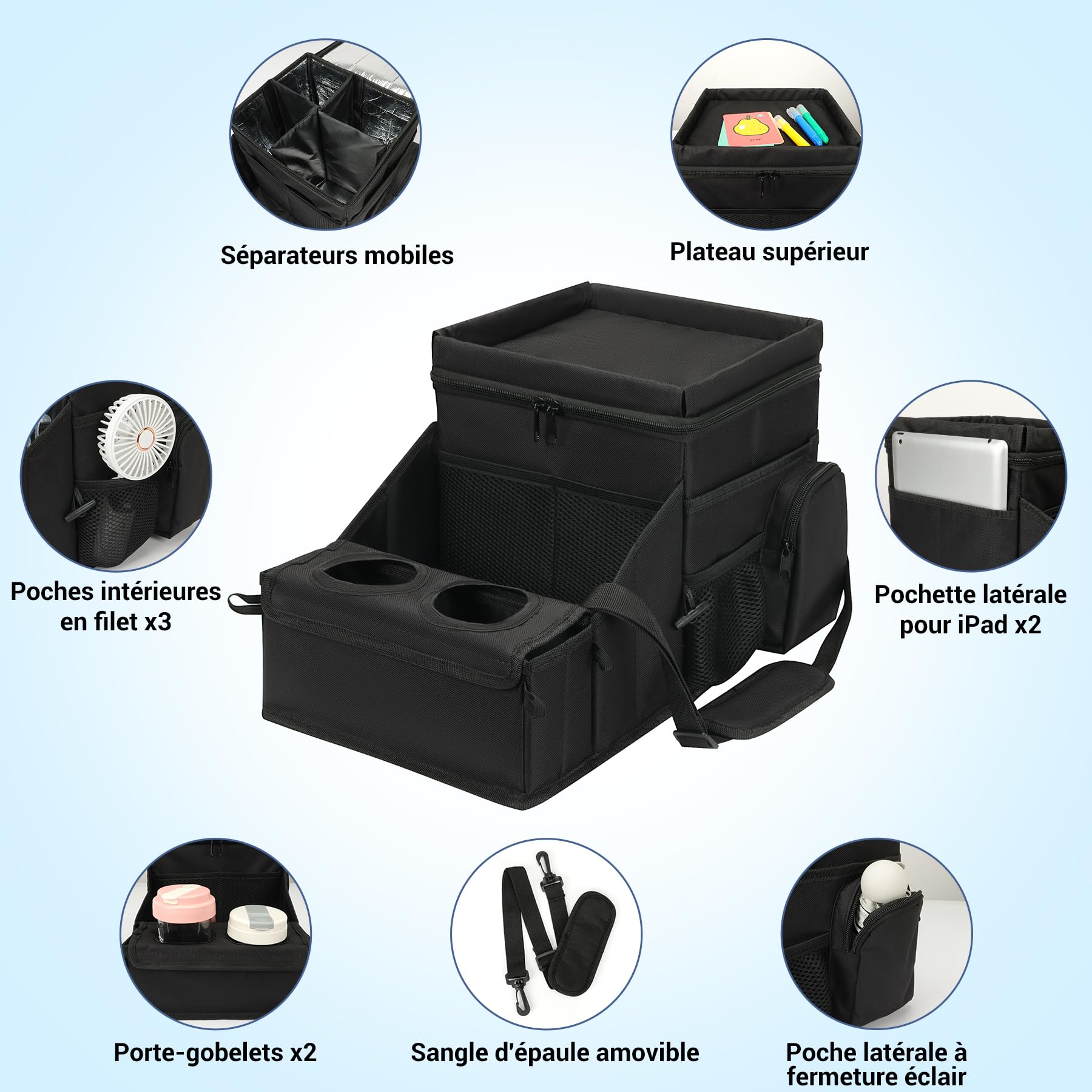 Organisateur Multifonctionnel pour Siège de Voiture, avec Porte-gobelets et Compartiment Isotherme pour Sièges Avant et Arrière – Rangement Voiture pour Jouets, Collations, Enfants et Adultes, Noir