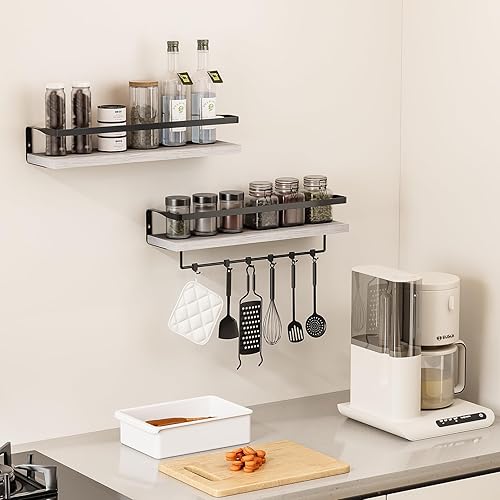 Miniatura 5 de Estantes de baño con toallero, estantes flotantes para baño, cocina, dormitorio, madera de paulownia, marco de metal negro mate, juego de 2 unidades