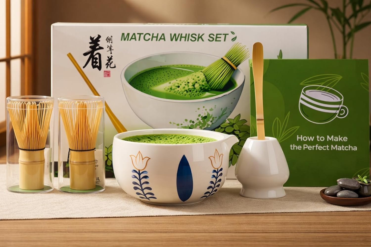 Matcha Whisk Set with Bowl – Handmade Ceramic Matcha Set, 2 Bamboo Chasen, Matcha Starter Kit & Japanese Tea Ceremony Set, Complete Matcha Bowl and Whisk Kit (5 Pieces)