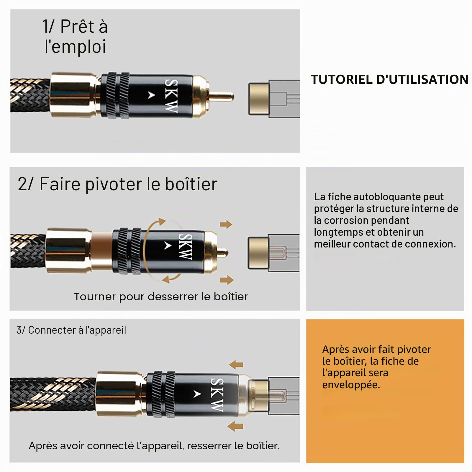 SKW RCA Câble coaxial numérique S/PDIF pour caisson de basses avec auto-verrouillage pour son surround stéréo 5.1, amplificateur, chaîne Hifi, OD : 8 mm – 1 m