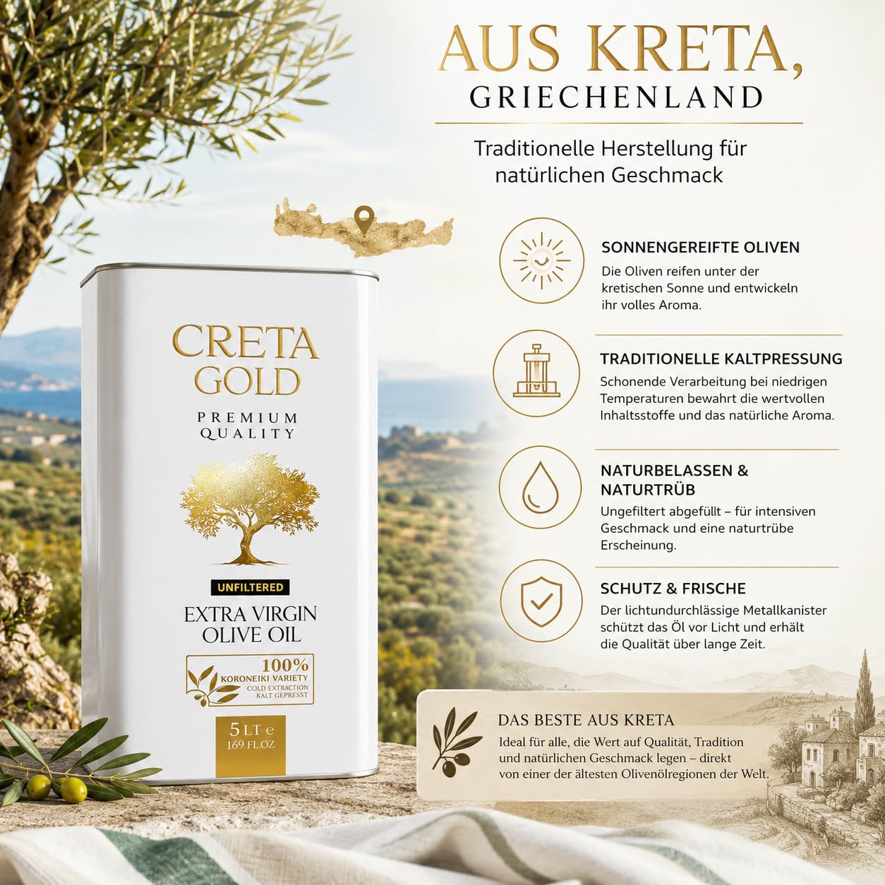 Olivenöl Kreta Kanister 5 Liter | Extra Virgin Olive Oil - Griechisches Olivenöl Kaltgepresst - 100% Koroneiki Oliven - Ungefiltert & Naturtrüb - Ohne Zusätze