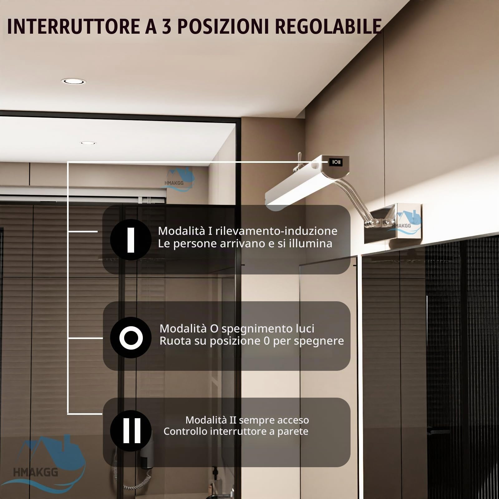 Lampada da Specchio Bagno con Interruttore, Luce Specchio Bagno LED con Rilevatore di Movimento, Bianco Freddo 6000K Applique Girevole 240°, Argento, Impermeabile IP44, 29CM/6W