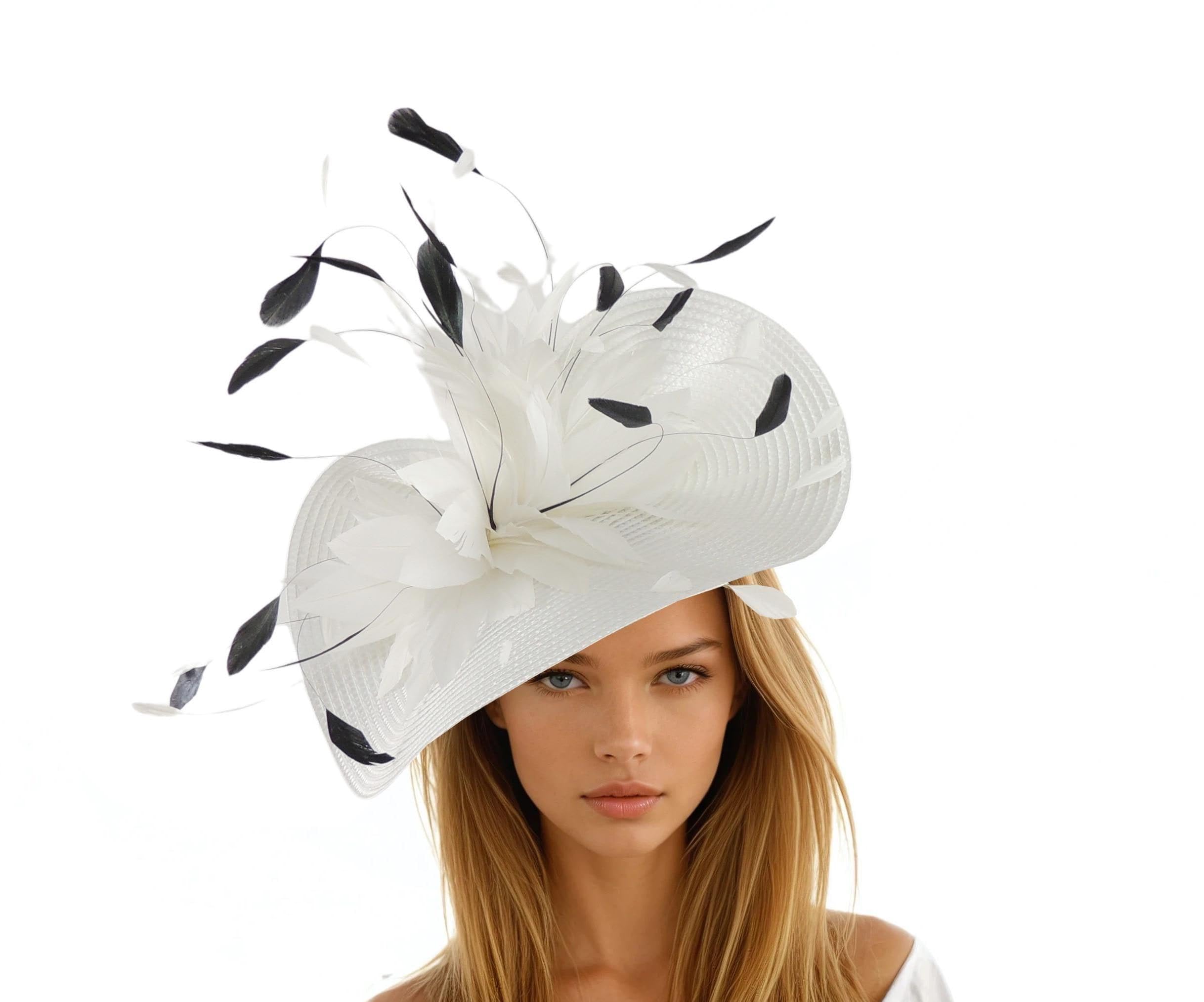 Glamour Girlz Women's White Black Kentucky Derby Fascinator Hat Saucer Disc Tea Party Garden Horse Race Feather Ascot Wedding Hatinator